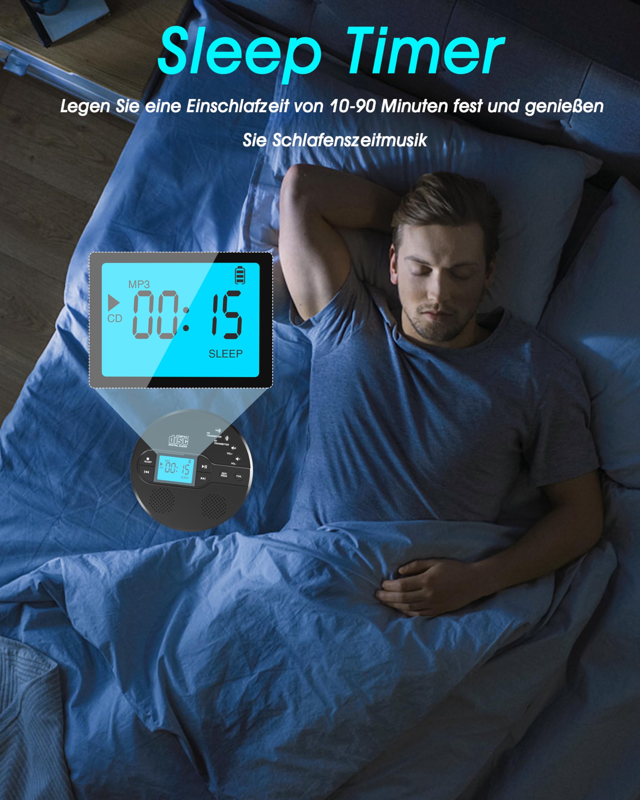NEU Bluetooth CD Player Tragbar, Greadio Discman CD Player mit 2000mAh Wiederaufladbarer, Kompatibler FM-Transmitter, USB, AUX-Ausgang, CD Spieler mit Kopfhörer und Anti-Skip/Stoßfest