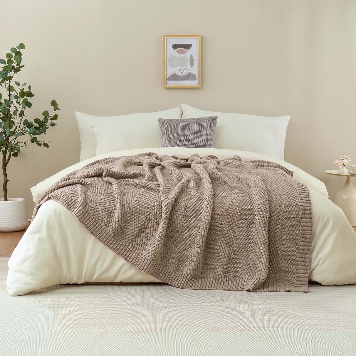 Knitted Throw Blanket 50"X60", Taupe Knit Throws for Bed, Super Soft Boho Chevron Blankets for Couch Sofa Chair Room Decor, Textured Decorative Farmhouse Cozy Lightweight - Image 8