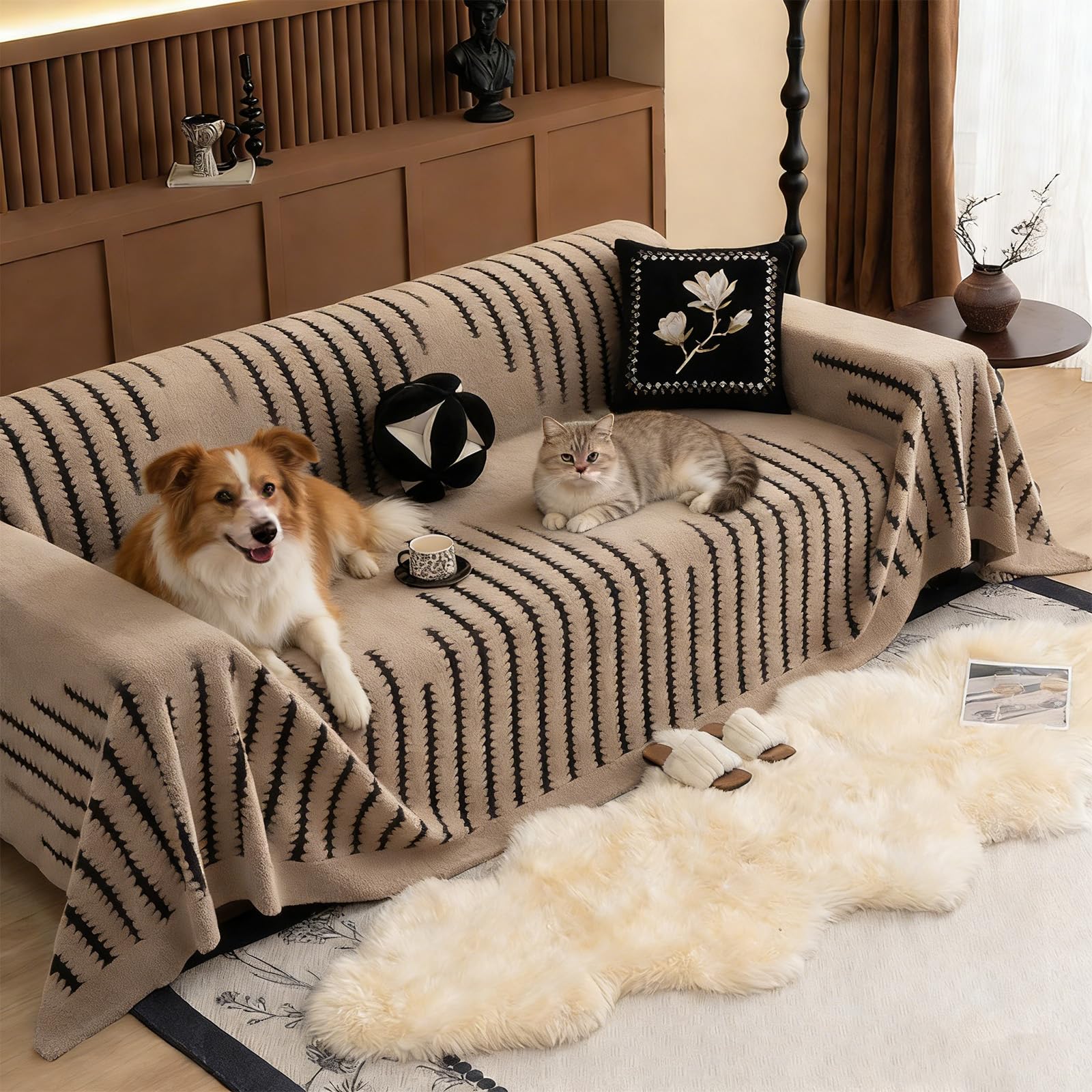 Housse De Canapé Douce Et Antidérapante en Peluche, Housse Canape Gfisehop, Doublé en Polaire Et Épaissi Protege Canapechien, Résistant Aux Rayures, Design Monobloc (G,180 * 300)