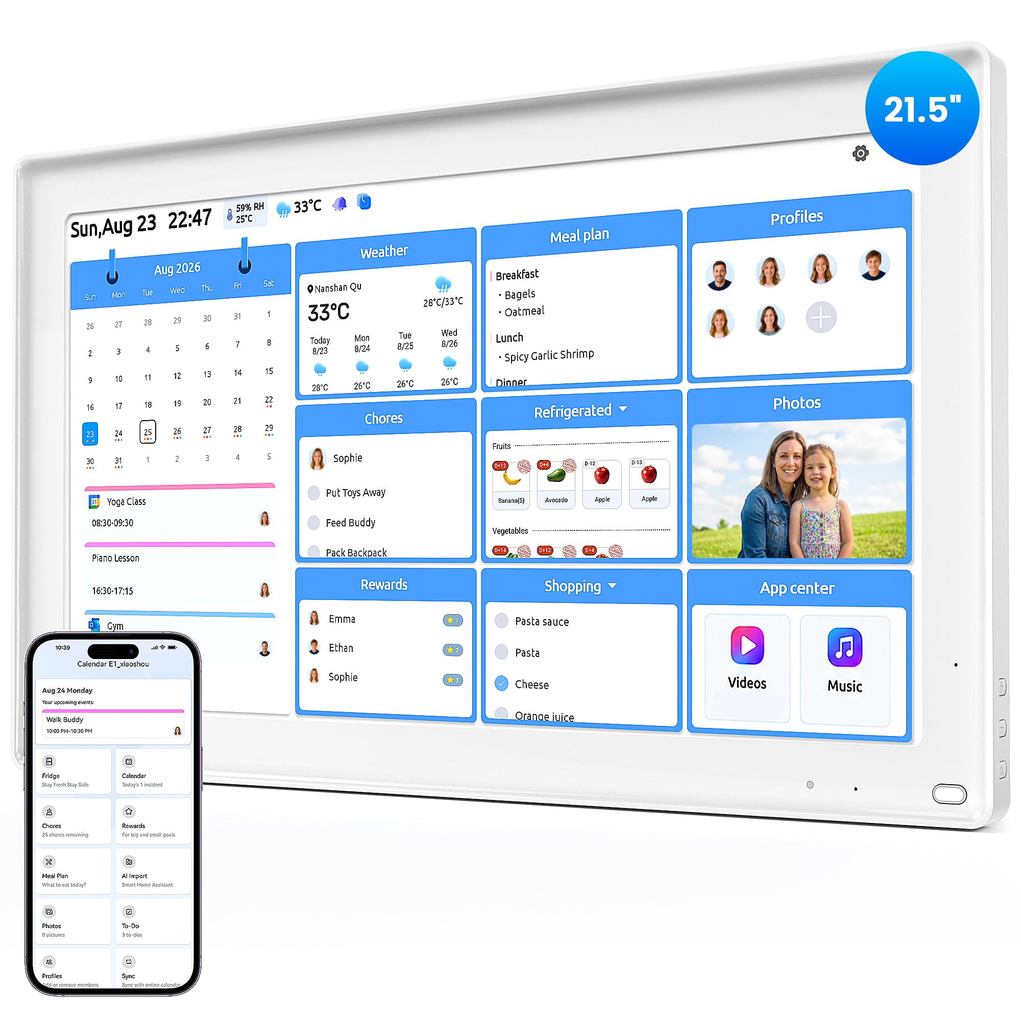 EVERBLOG HomeCal 21.5" Digital Family Calendar with Smart Fridge Management | Touchscreen | Calendar Sync | Chore Chart with Rewards | Meal Planner | Electronic Photo Frame | Wall Mount & Desk Stand
