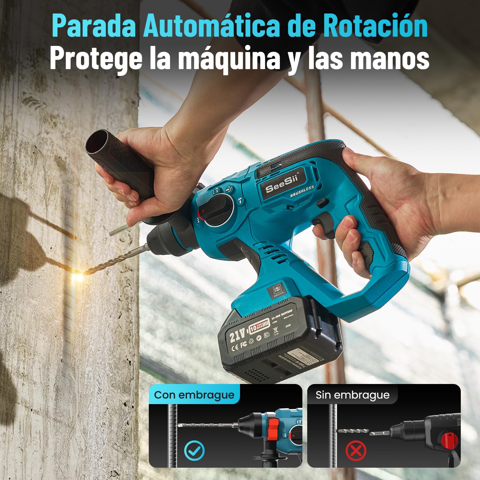 Seesii 4-in-1 Martillo Perforador a Bateria: SDS-plus, 2 x 4.0Ah Baterías, Motor sin Escobillas, 2.1J Juego de Martillo Percutor, en Renovaciones Domésticas y Para Aficionados al Bricolaje