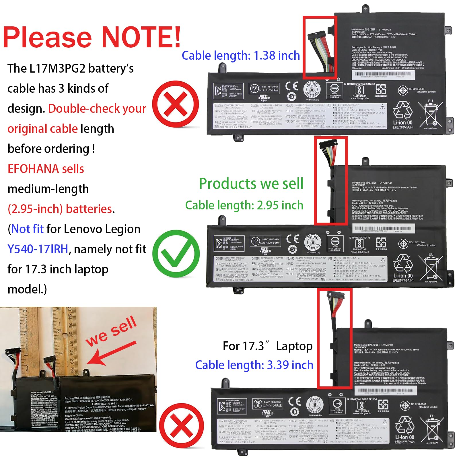 EFOHANA L17M3PG2 L17C3PG2 Laptop Battery Replacement for Lenovo Legion Y7000 Y7000P-1060 Y530-15ich-1060 Y545-81Q6 Y540 Series 5B10Q88555 5B10T310455 11.52V 57Wh 4955mAh (Medium-Length Line)