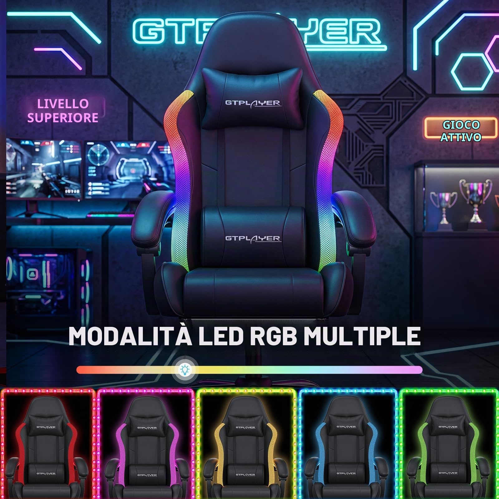 GTPLAYER Sedia da gaming, da ufficio, con barra luminosa a LED e funzione di massaggio, schienale con custodia, ergonomica, per PC con telecomando