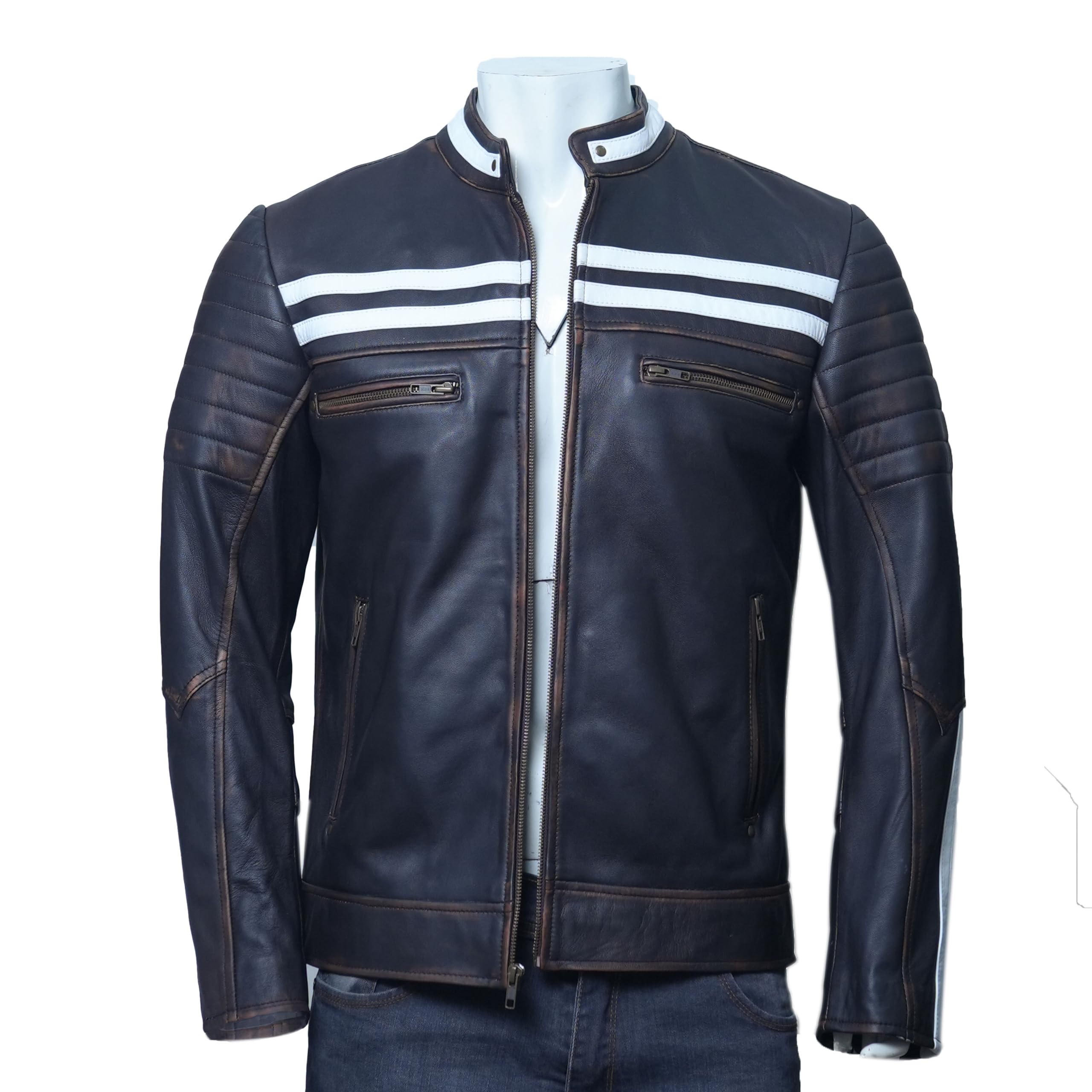 Veste de moto Cafe Racer vintage en cuir véritable vieilli vintage, pour homme, noir