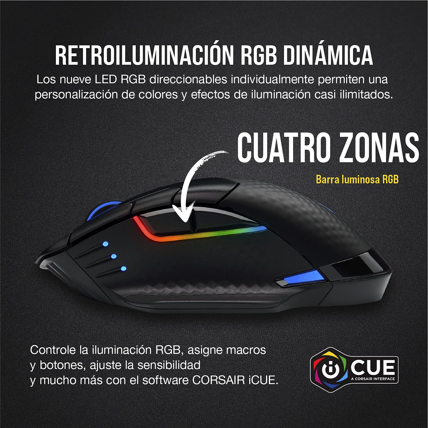Corsair Dark Core RGB Pro SE Ratón Inalámbrico para Juegos FPS/MOBA con Carga Inalámbrica Qi - 18.000 PPP - 8 Botones Programables - Inalámbrico Sub-1ms - iCUE - Negro
