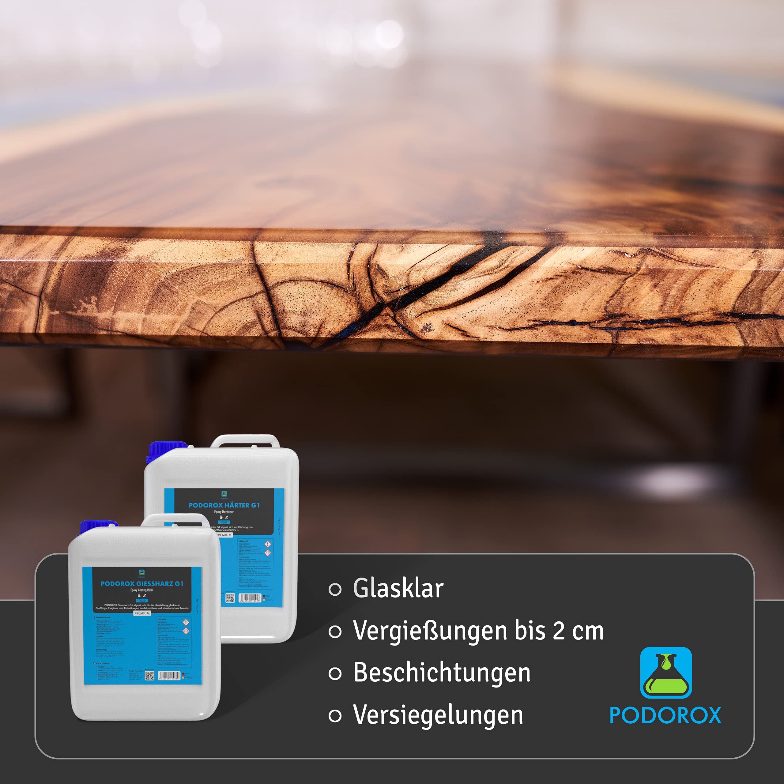 Epoxidharz Gießharz mit Härter | 60 kg PODOROX G1 | glasklar und geruchsarm | Zum Gießen | glasklar und transparent | Komplett für Anfänger und Profis | Epoxidharz Resin Set | Epoxyharz| Resin Set