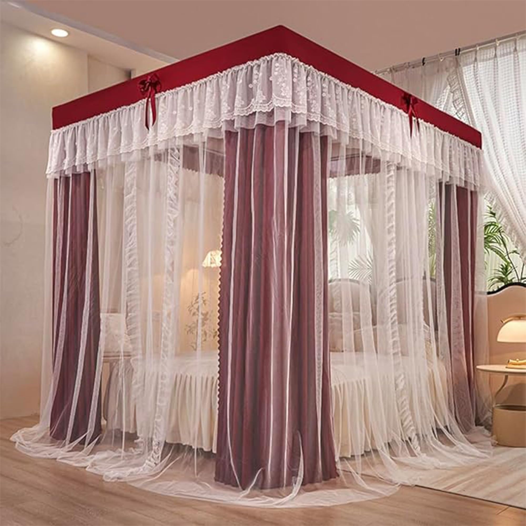 Baldaquin Princesse avec Volants Ciel de Lit Rectangulaire à 4 Ouvertures Moustiquaire Double Couche pour Chambre de Fille Décoration Romantique Doux et Respirant,A,150 * 200cm* Without Stand