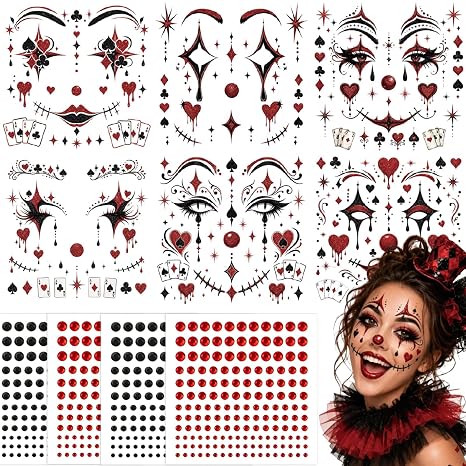10 Sheets Halloween Glitter Clown Face Makeup Tattoos Stickers Black Red Rhinestone Jewels Eyeshadow Face Fake Temporary Tattoo for Day of Dead Horror Cosplay Carnival Party Decoration
