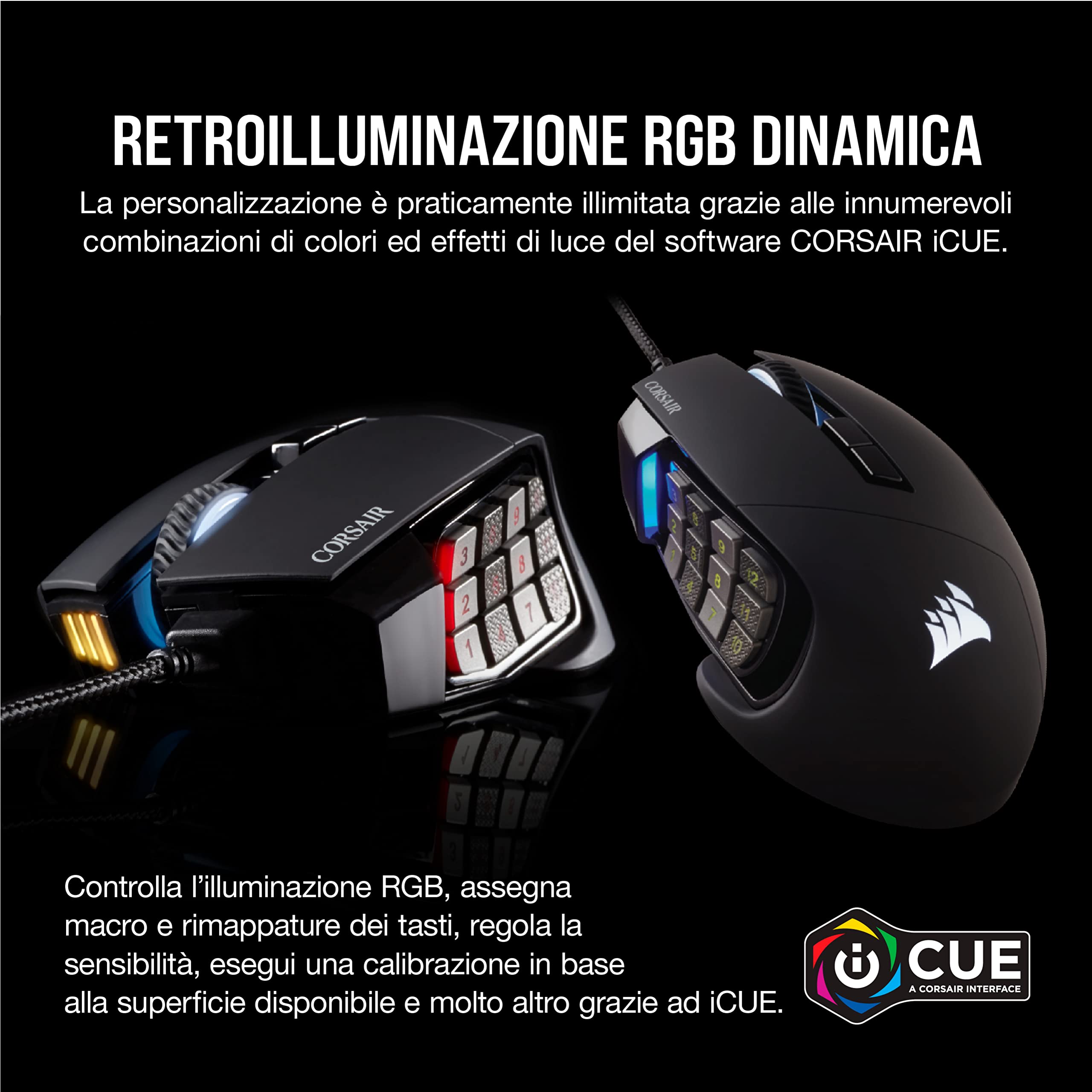 Corsair Scimitar ELITE RGB Mouse Gaming Ottico per MOBA/MMO 18000 DPI, Nero