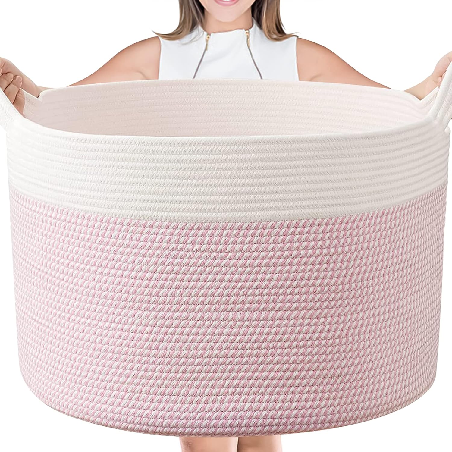 Large Cotton Rope Basket - 22" x 22" X 14" Blanket Storage Basket, Woven Baby Laundry Basket with Built-in Handles for Blanket Storage, Nursery Basket Soft Storage Bins (Pink)