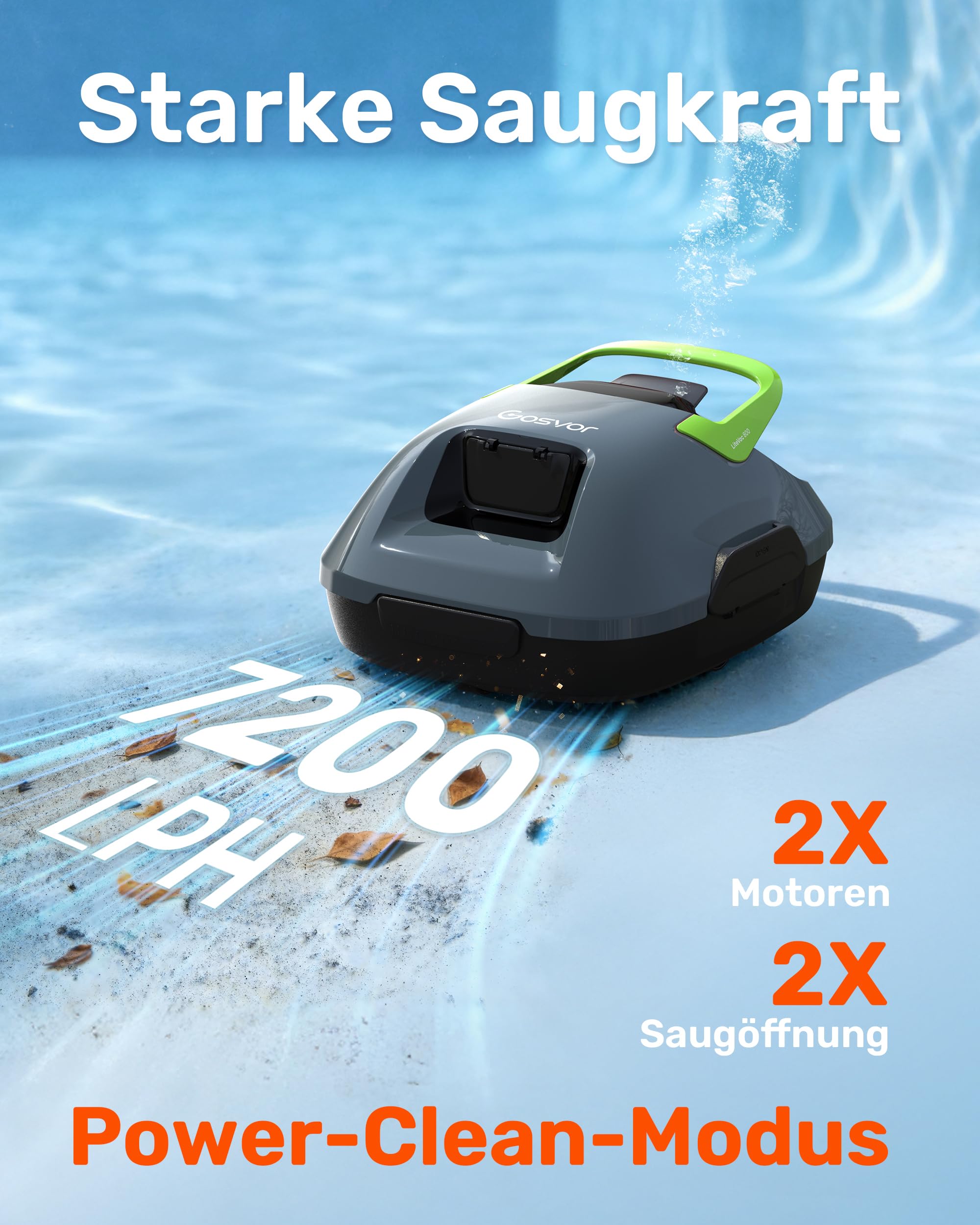 (Upgrade) Gosvor Poolroboter Akku, Bis zu 7200 LPH Effiziente Reinigung mit Power-Clean-Modus, Bis zu 90 Min., 3,4 KG Leicht, Einfach zu Bedienen & Warten, Poolsauger für Flache Böden bis 80㎡, Grün