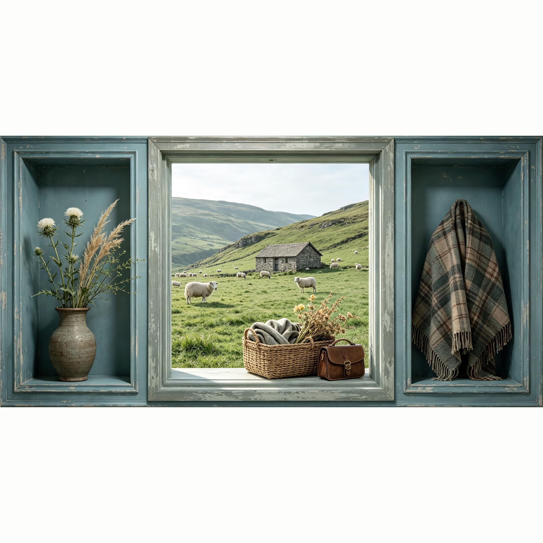 QZLITHOTIC 50x100cm 3D Framed Wall Art， Pastoral Highland Sheep Landscape Farmhouse Decor， Self‑Adhesive Mural， Water‑Activated Peel & Stick Fabric Decor Wall Decal for Bedroom Living Room