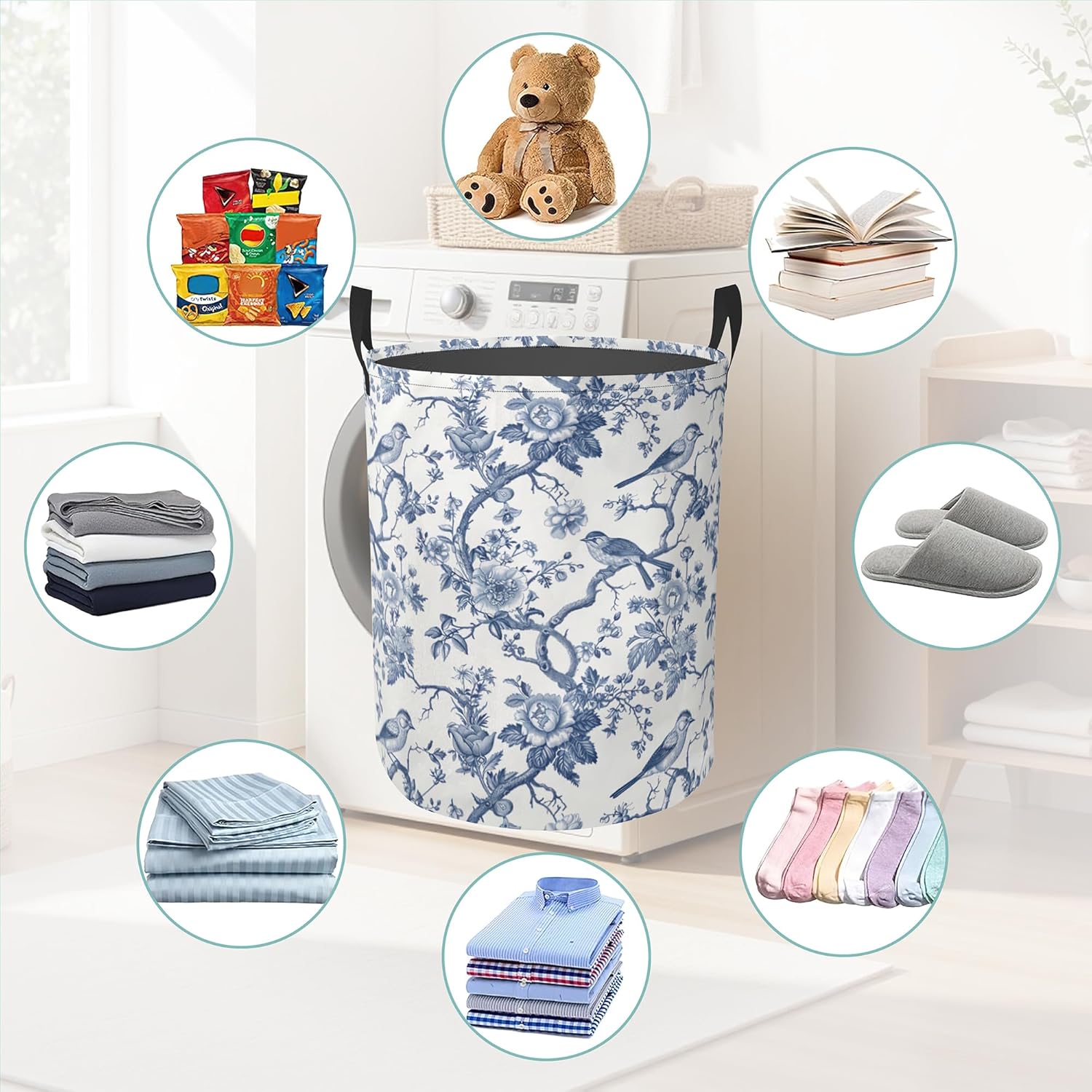 Laundry Hamper Foldable Oxford Cloth Vintage Blue Flower Bird Laundry Basket With Handle Portable Clothes Storage Organizer Basket Storage Bag For Laundry Room/Bedroom/Bathroom