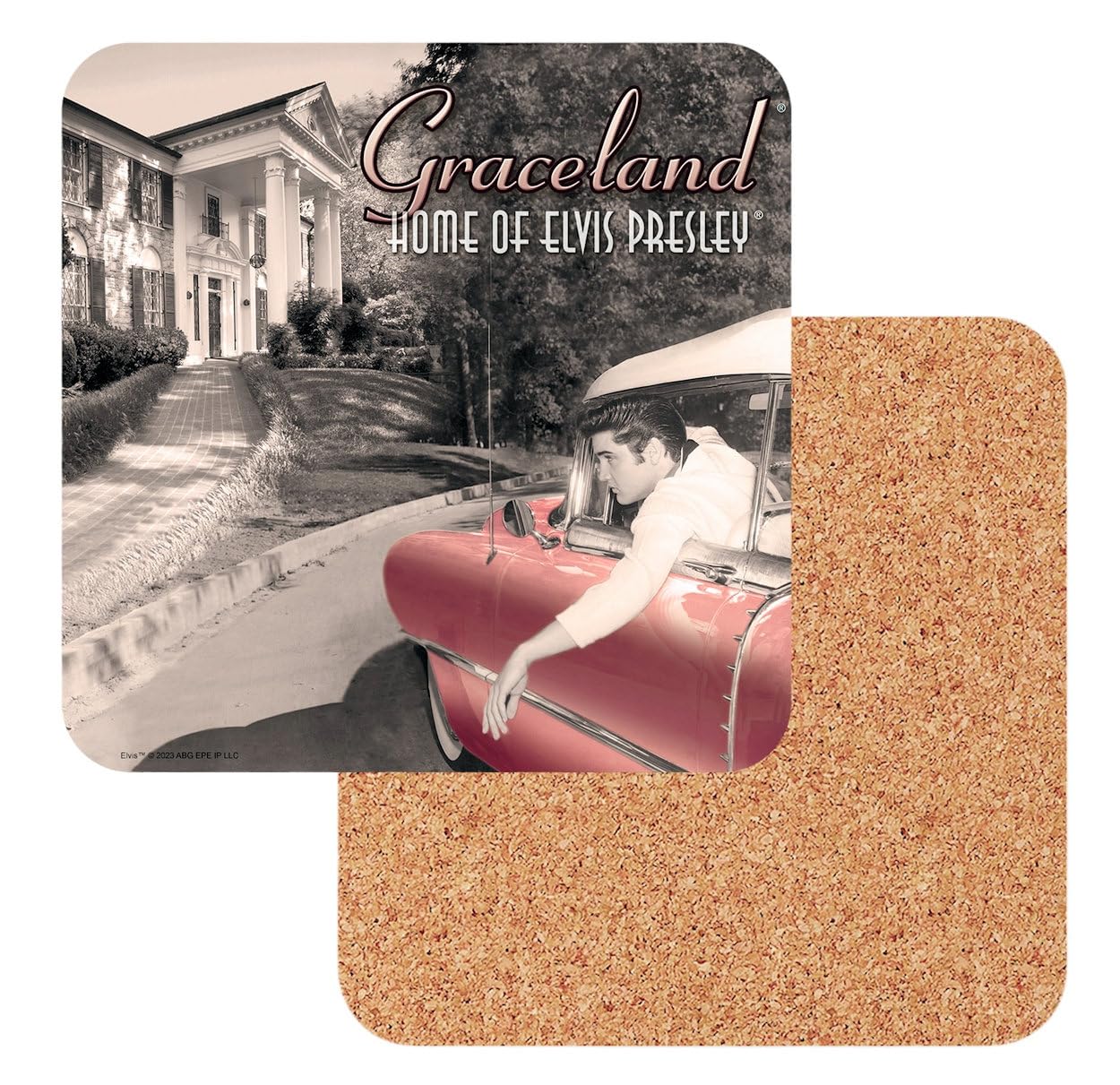Elvis In Pink Caddy Outside Of Graceland Cork Coasters Placemats
