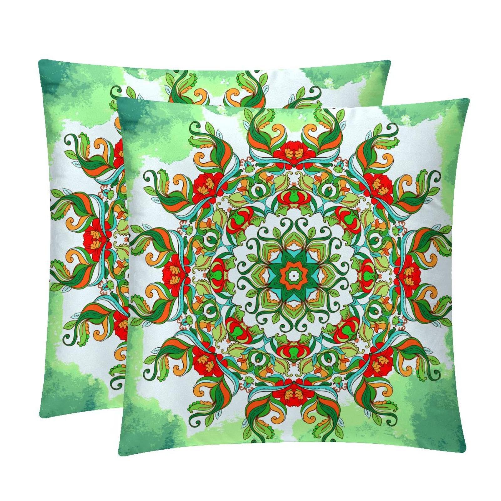 TDGKPZ Green Mandala Throw Pillow Cases 2 Pack Pillowcases Zipper Cushion Covers For Bedroom Living Room 40x40cm