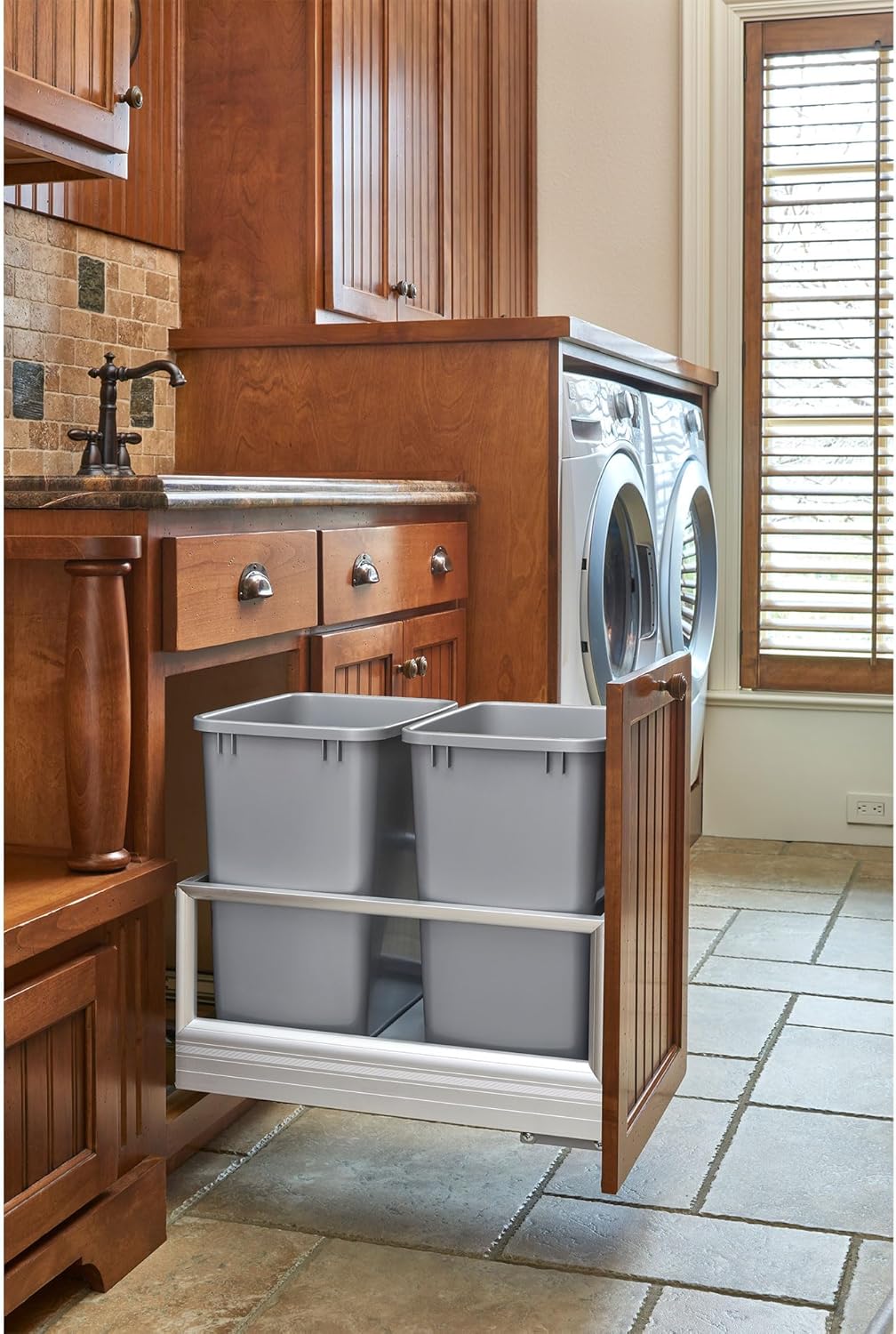 Rev-A-Shelf Double 35 Quart Pull Out Trash Can for Base Kitchen Cabinets, Storage Garage Bin on Wire Basket with Soft Close, Silver, 5149-18DM-217