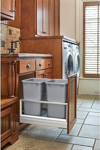 Miniatura 4 de Rev-A-Shelf Double 35 Quart Pull Out Trash Can for Base Kitchen Cabinets, Storage Garage Bin on Wire Basket with Soft Close, Silver, 5149-18DM-217