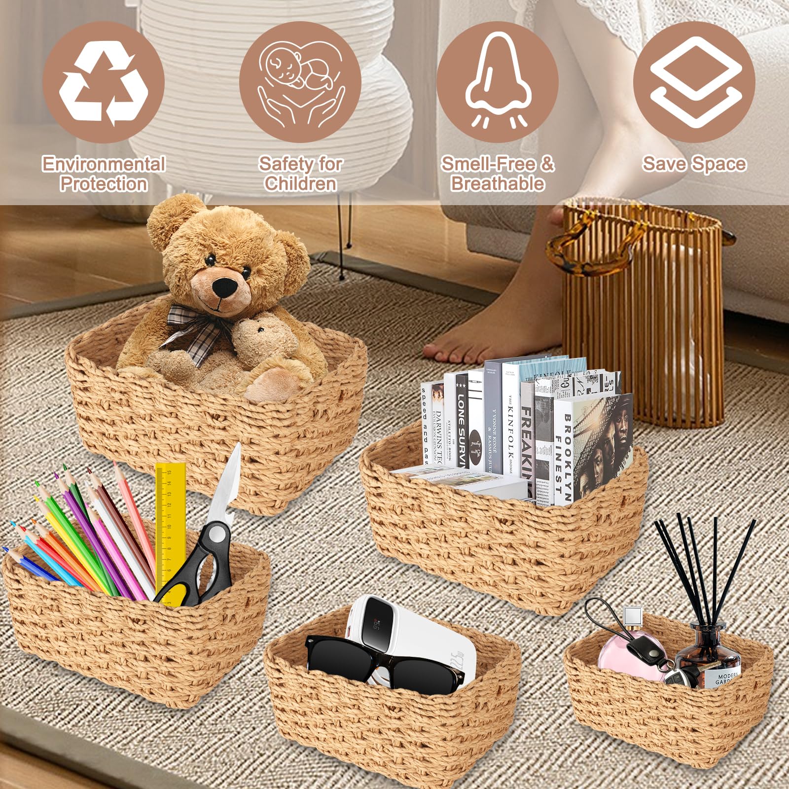 Panier Rangement en Tissée en Corde de Papier 5PCS,Boho Paniers de Décoration,Panier de Rangement Empilable,Pour le salon,la chambre à coucher,la salle de bain et la cuisine