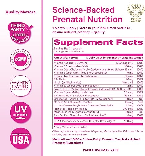 Miniatura 6 de Pink Stork Vitaminas prenatales totales con DHA, folato, hierro, colina y vitamina B12, nutrición preconceptiva, prenatales para mujeres, esenciales