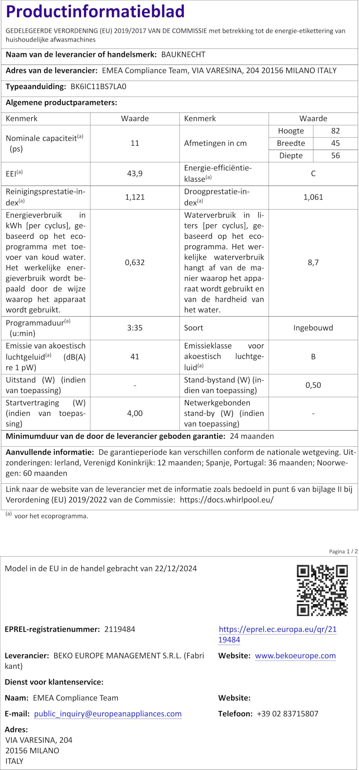 Bauknecht BK6IC11BS7LA0 Vollintegrierbarer Geschirrspüler 45 cm ActiveDry Sensorprogramm PowerClean Besteckschublade Hygiene-Programm Vollwasserschutz Light on floor Startzeitvorwahl