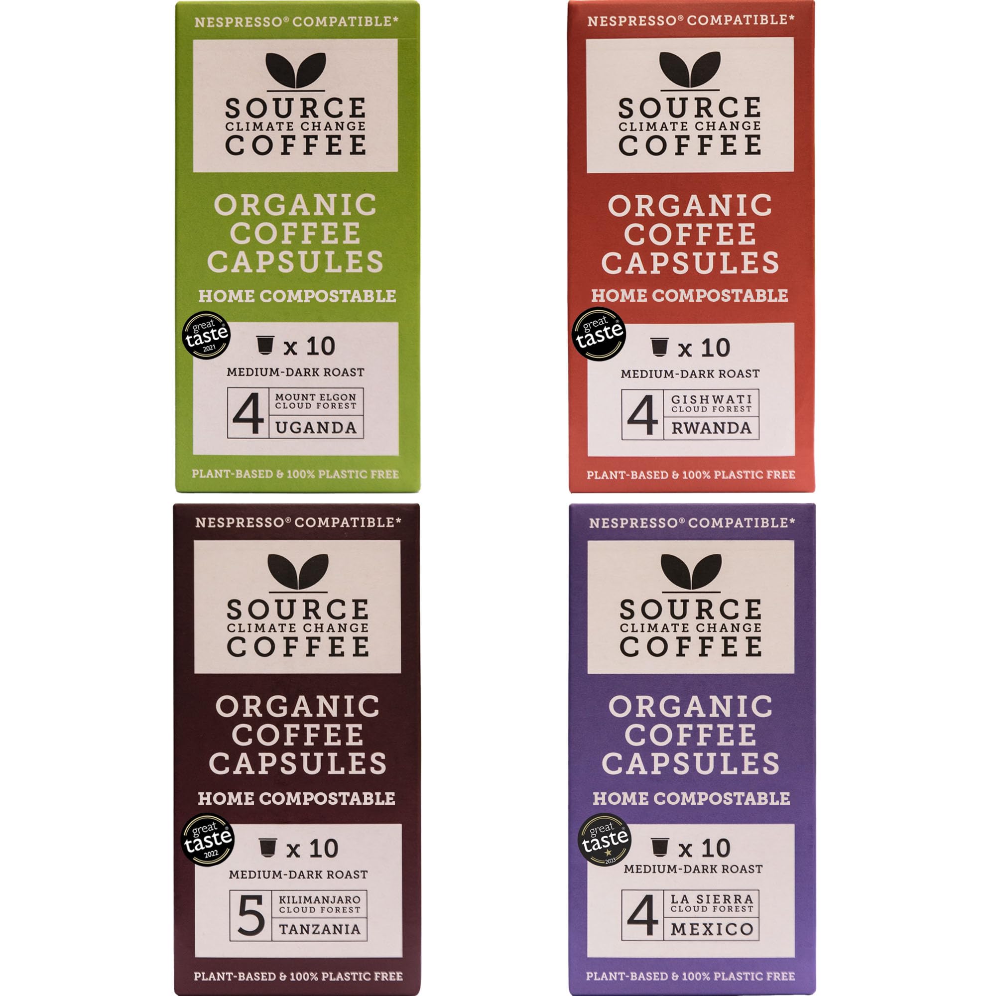Capsules de café Bio - Compostables - Source Climate Change Coffee - Coffret Dégustation - 4 origines - 4 x paquets de 10 capsules – Idée cadeau