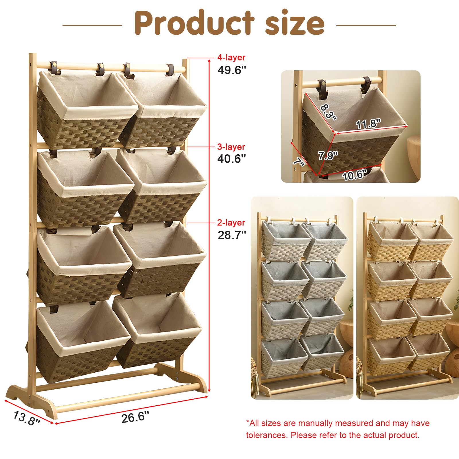 Estantería escalonada con cestas, estante de almacenamiento de 4 niveles con estructura de madera, estante independiente de pie con forro de tela extraíble para frutas (4-Tier-49.6"H×26.6"W×13.8"D)