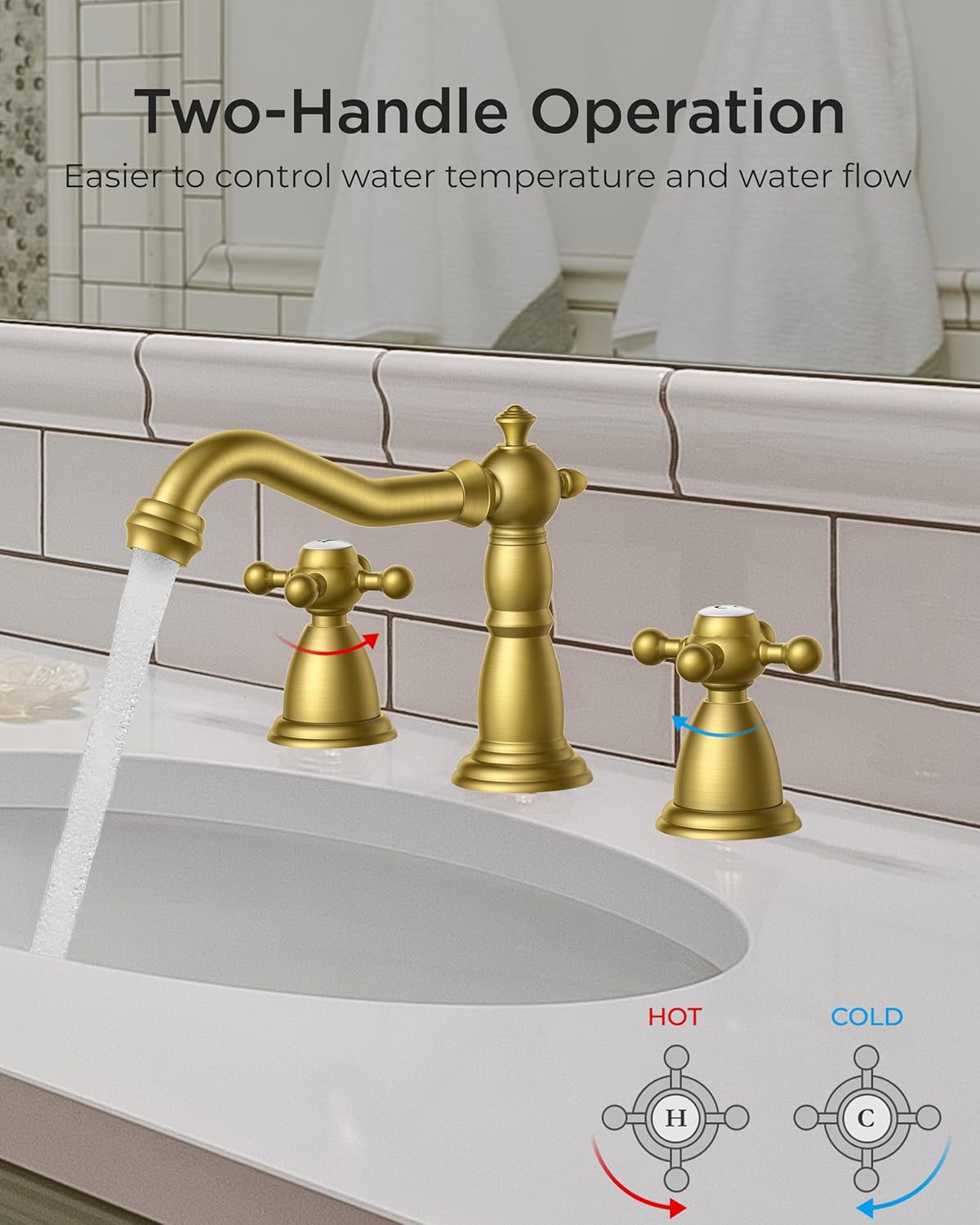 FORIOUS 3 Hole Vintage Bathroom Faucet Brushed Gold, 2 Handles 8 Inch Widespread Antique Brass Bathroom Sink Faucet for Vanity RV Farmhosue, with Metal Pop Up Drain and Supply Lines - Image 4