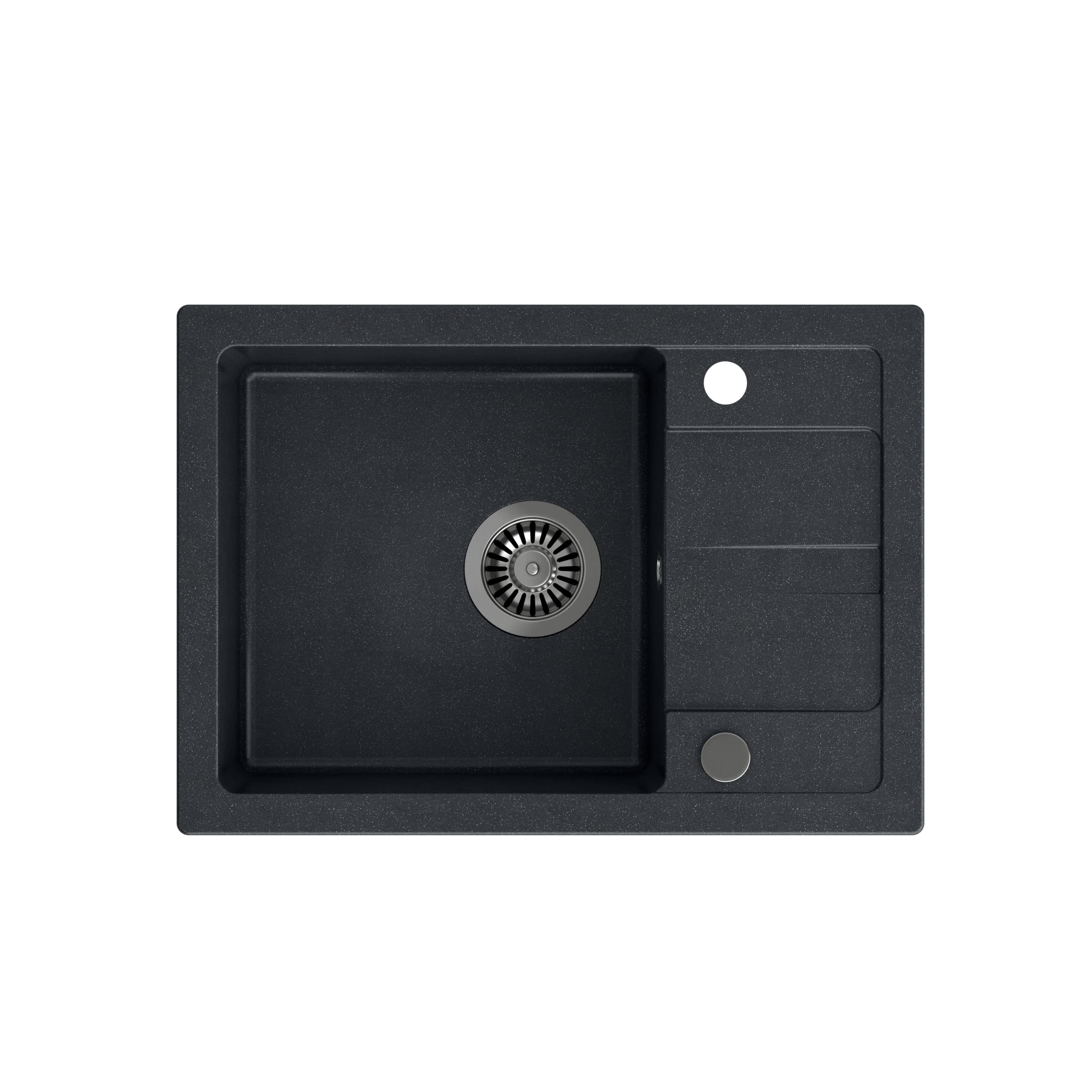 VBChome Spülbecken mit Armatur Schwarz 62 x 44 cm Granit Einzelbecken Einbauspüle Abtroffläche Gesprenkelt Reversibel Armatur Schwarz Verbundspüle + Siphon