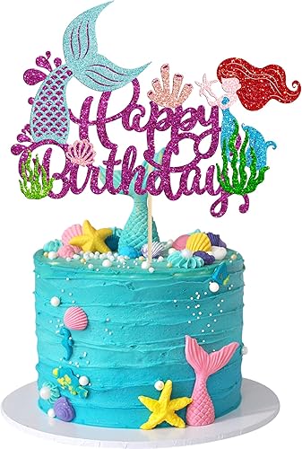 Gyufise Decoración de sirena para pastel de feliz cumpleaños, conchas marinas con purpurina, decoración de cola de coral para decoración bajo el