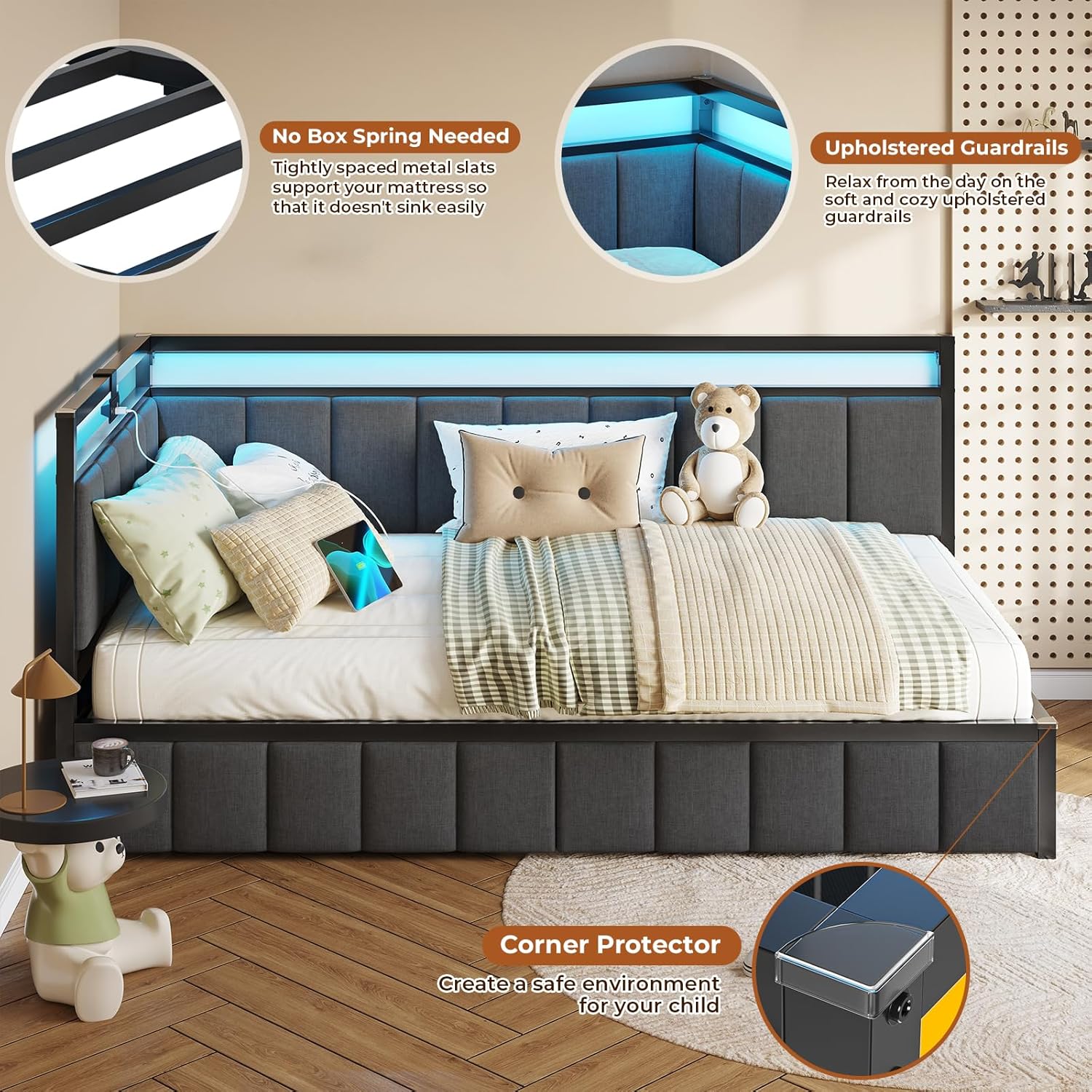 DICTAC Twin Size Bed Frame with 2 Storage Drawers & Charging Station Corner Twin Bed Frame with Storage and Led Lights Twin Size Daybed with Upholstered Guardrail for Kids/Teen,Easy Assemble,Gray Grey Twin