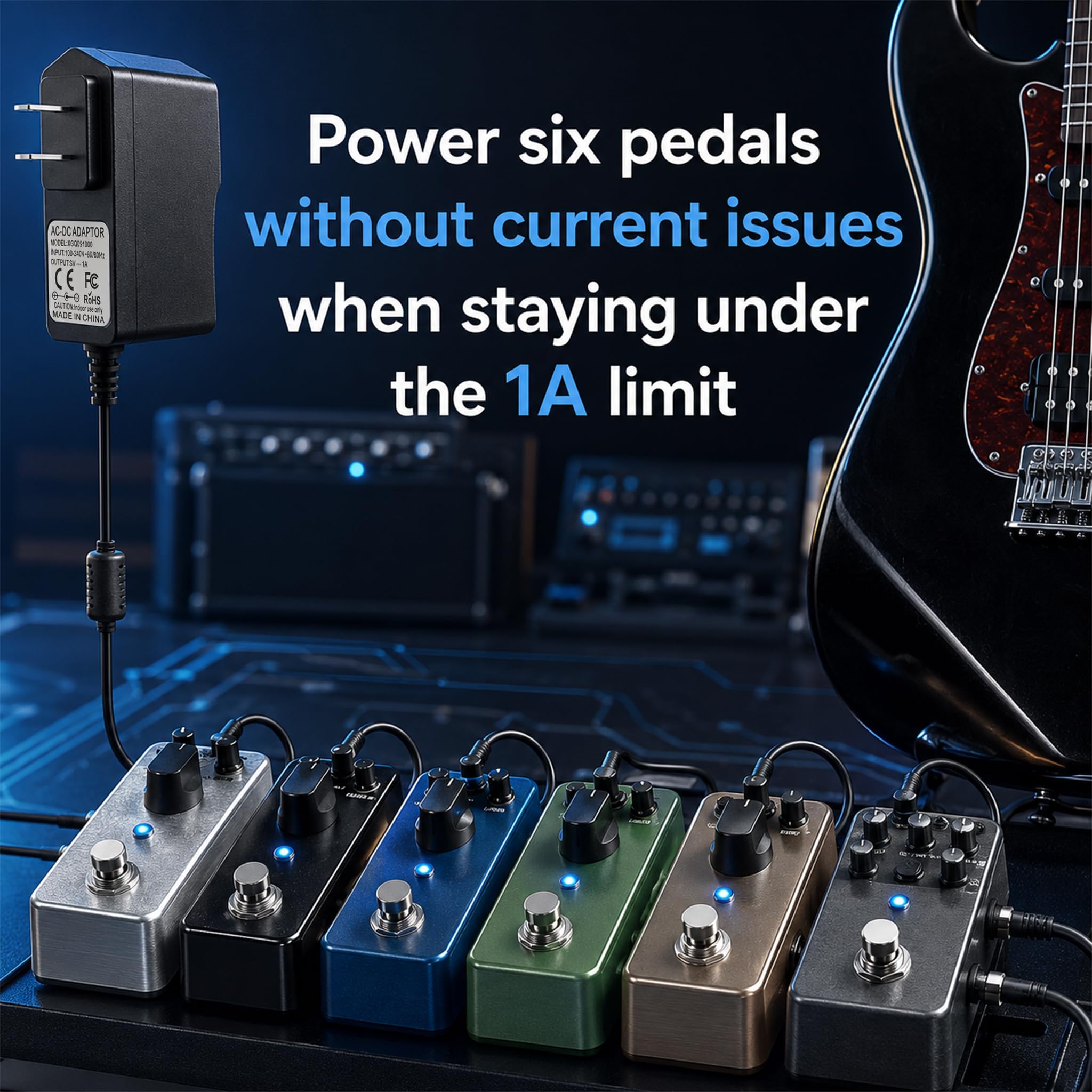 Rockhouse Cavo di alimentazione per pedale della chitarra, 9 V CC, 1 A, negativo, adattatore da 9 V, con cavi Daisy Chain a 6 vie, per pedali effetto chitarra BOSS