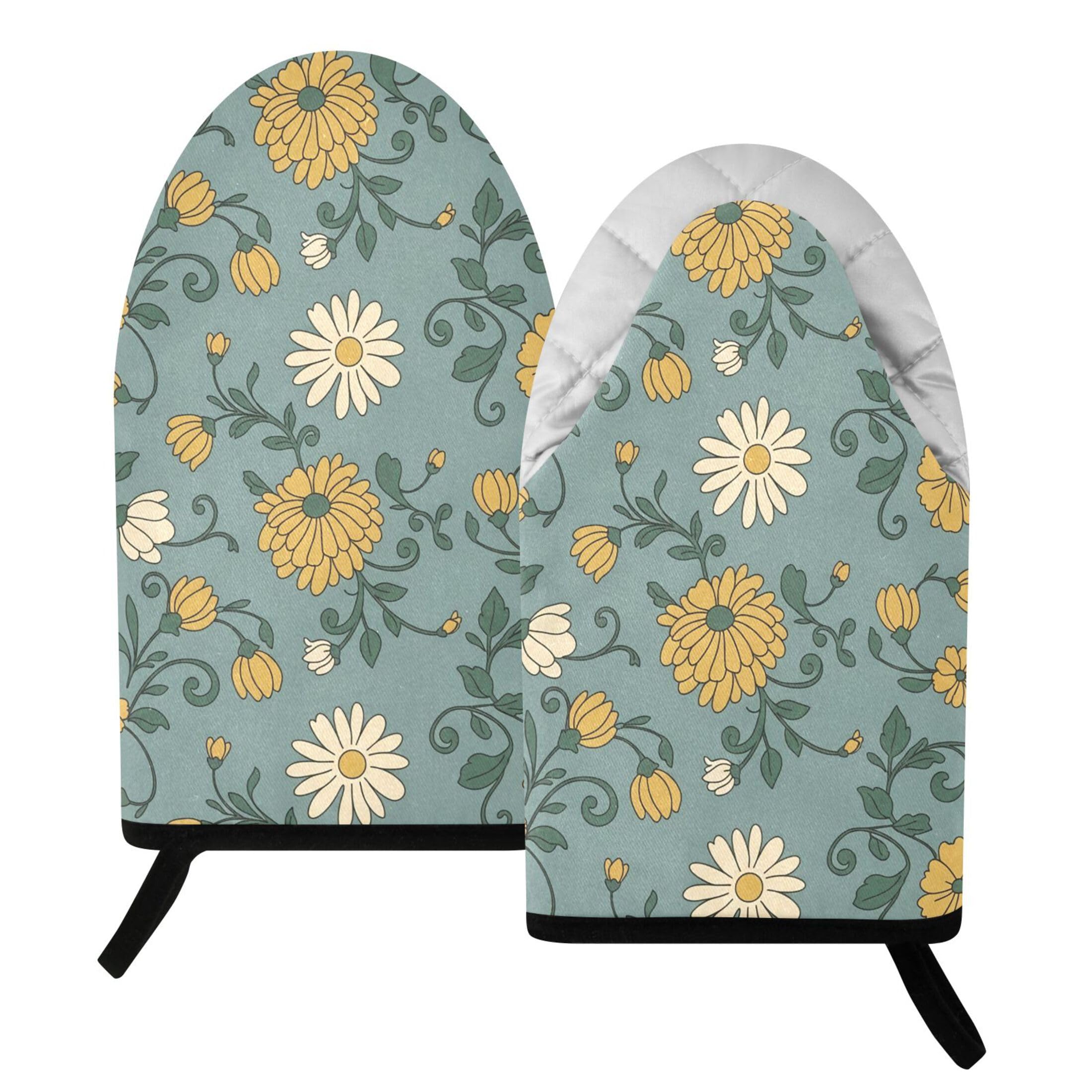 Kutsu Flowers Oven Mitts for Kitchen, Heat Resistant Cotton Oven Gloves for BBQ Baking Cooking, Breathable Kitchen Essentials, 2 pcs