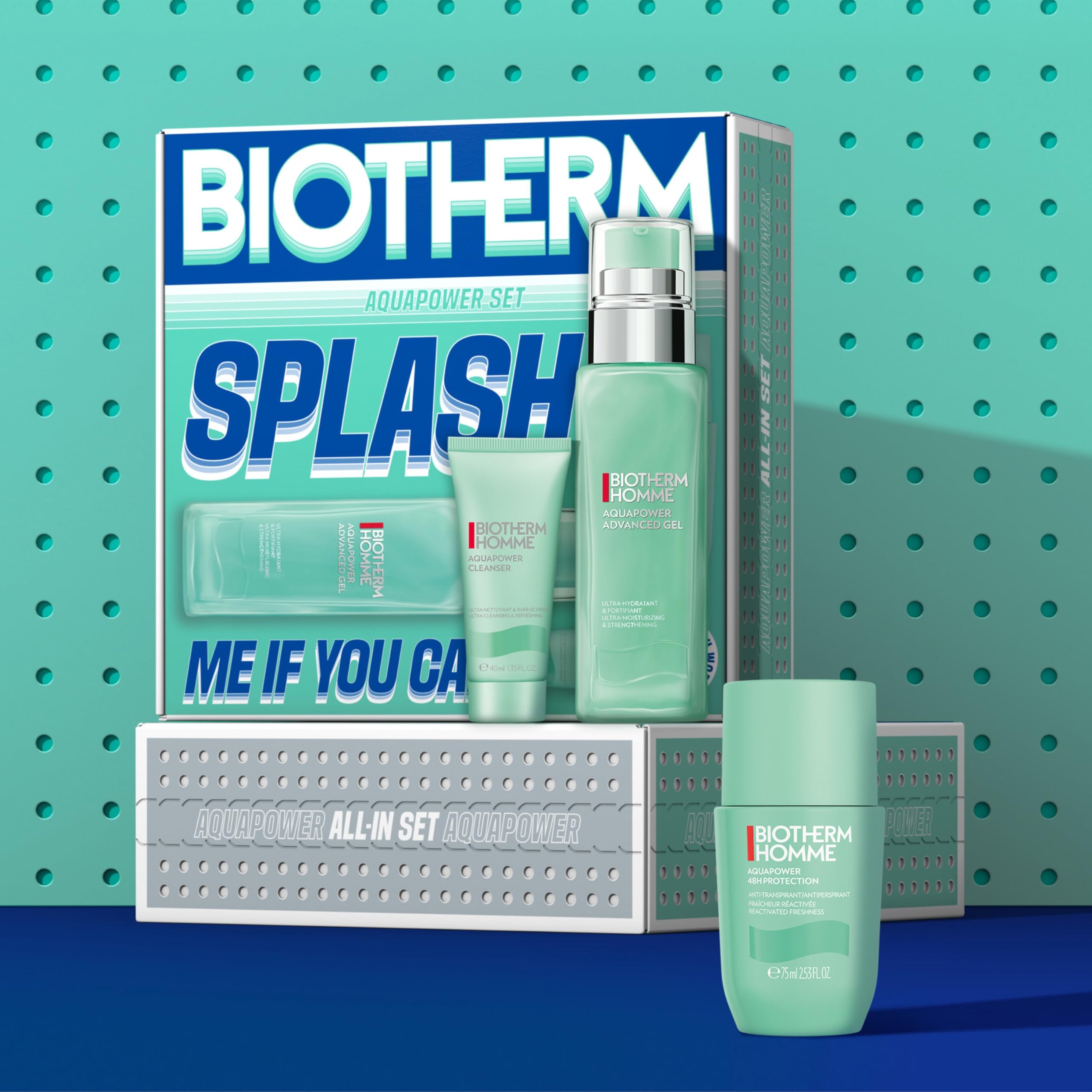 Biotherm Homme Aquapower Set (Advanced Gel 75ml, Waschgel 40ml & Deo Roll-On 75ml), 3-teiliges Pflegeset für Männer, 48h Frische & intensive Feuchtigkeit, für alle Hauttypen