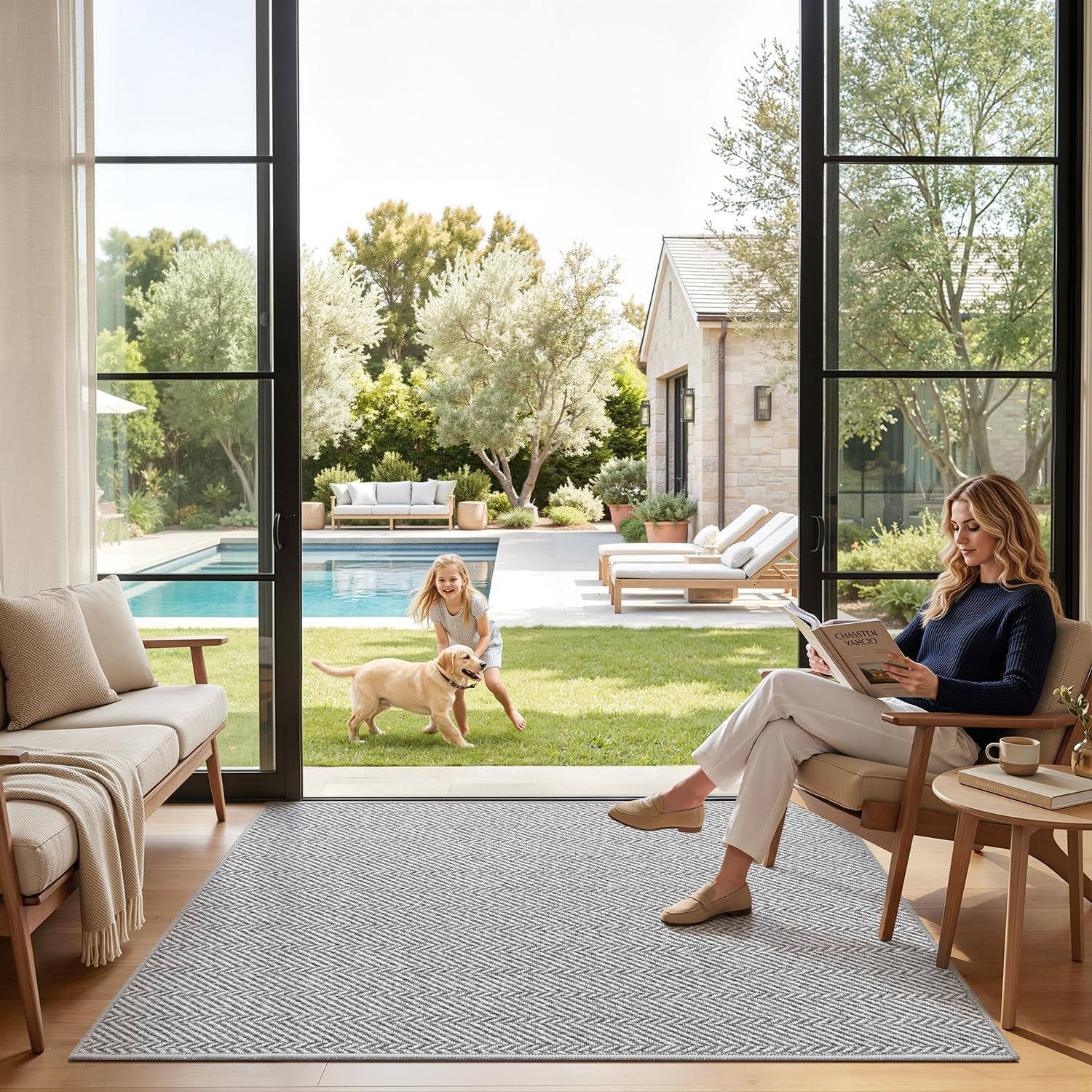 LUMI Ultra Thin Indoor Door Mat for Entrance 32x48, Non Slip Entryway Mat, Low Profile Doormat, Unique Herringbone Design Carpet for Inside, Patio, Porch, Gray