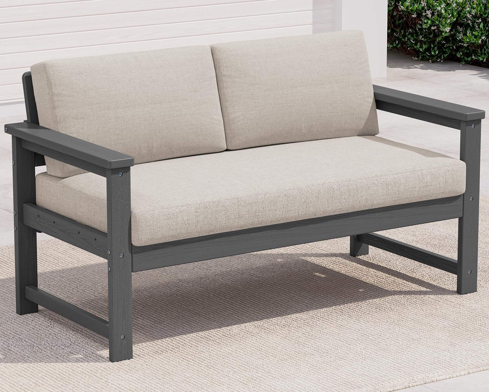 SERWALL HDPE Outdoor Loveseat with Cushion, Outdoor Sectional Furniture Set
