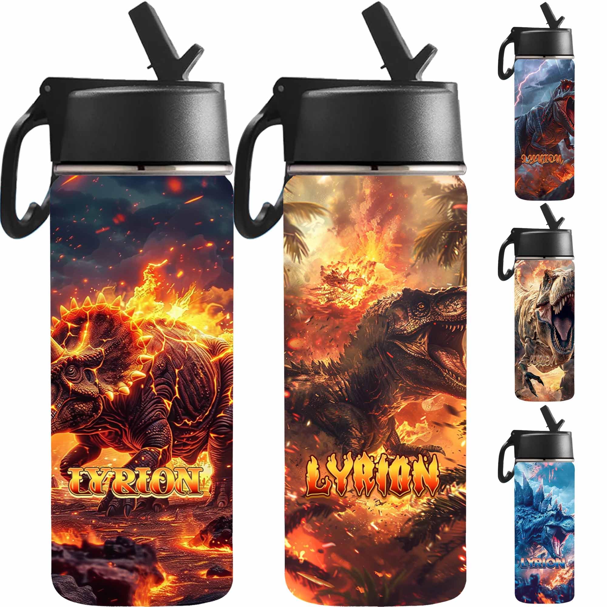 Tuskartro Custom Water Bottle with Name for Kids, Personalized Dinosuar Water Bottle Stainless Steel Water Tumbler for Boys