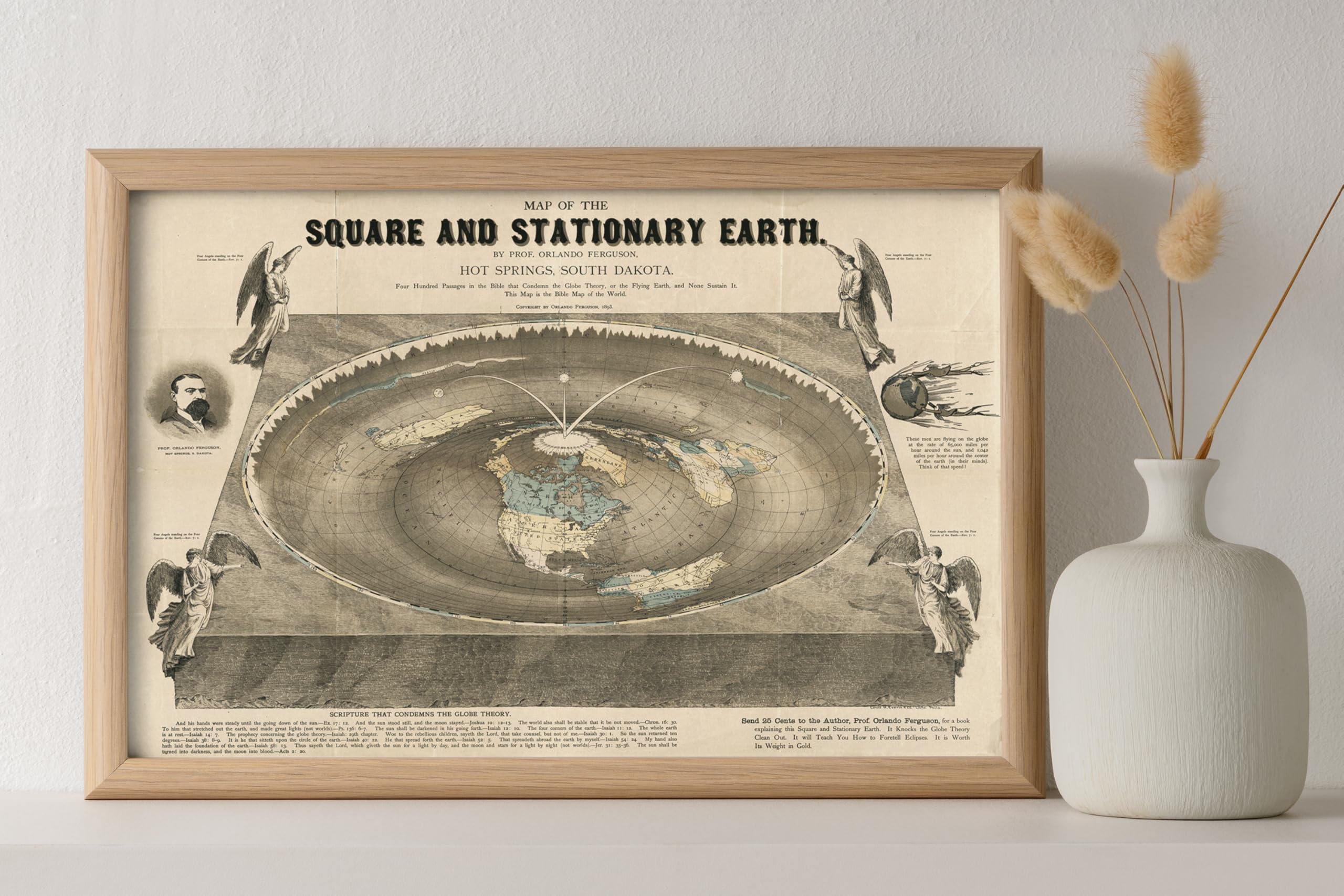 ArtCantHurtU 1893 Square and Stationary World Map Wall Art Poster - Flat Earth Map of the World - Orlando Ferguson Reproduction - Flat Earth Gift Glob Model with Dome Unframed (11"x16")