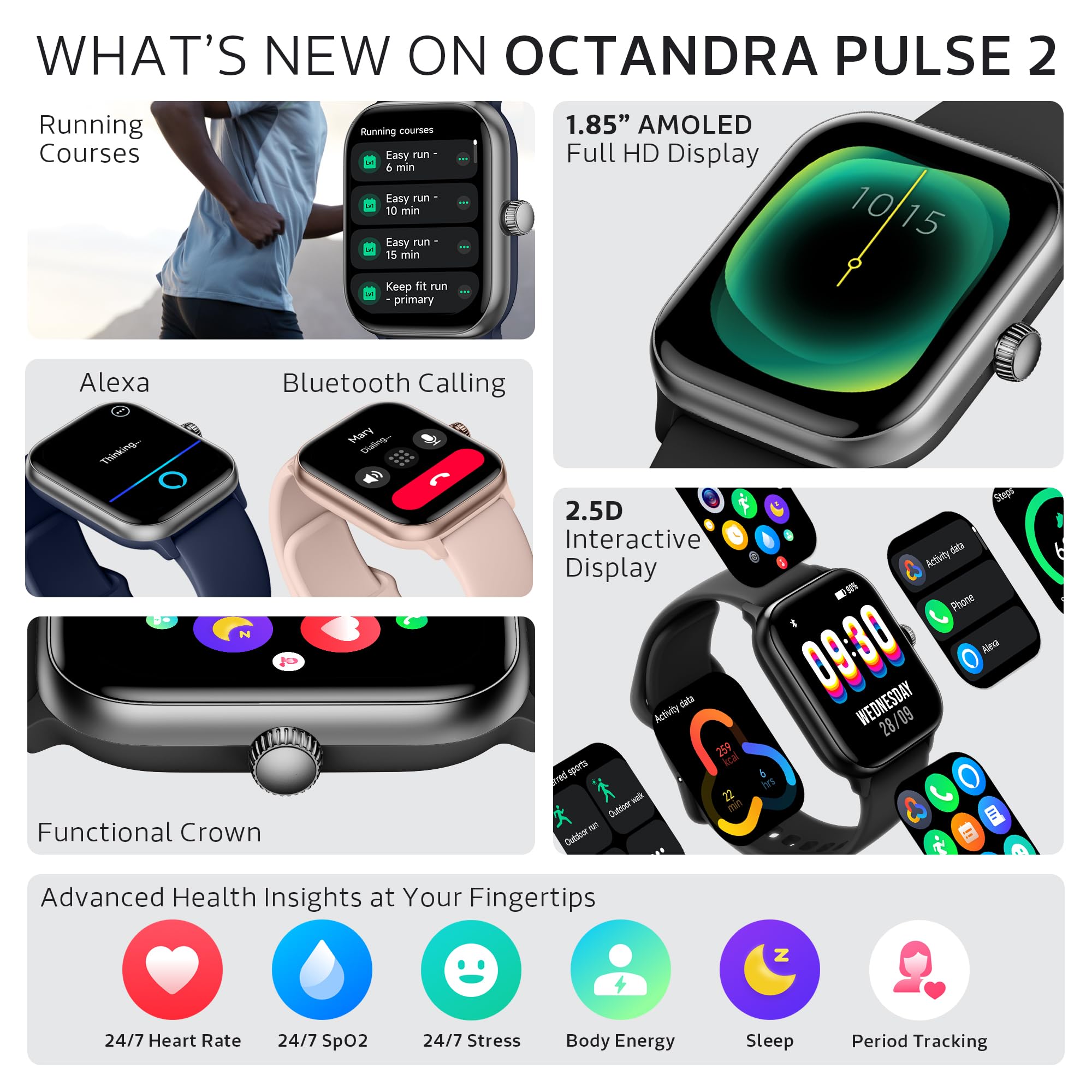 OCTANDRA Orologio intelligente Pulse 2 VeryFit per uomo e donna, Alexa con schermo AMOLED integrato da 1,8 pollici IP68, fitness tracker, energia corporea, frequenza cardiaca, saturazione di ossigeno,