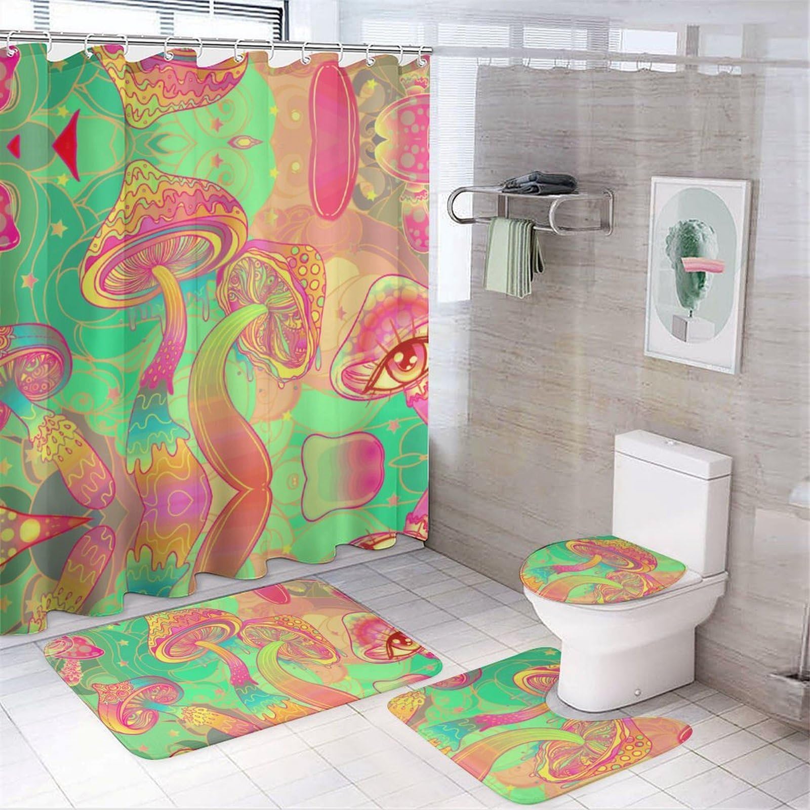 JZemdybill Bathroom Mat Set 4 Piece, Trippy Mushroom Shower Curtain with Non-Slip Bath Mats for Bathroom