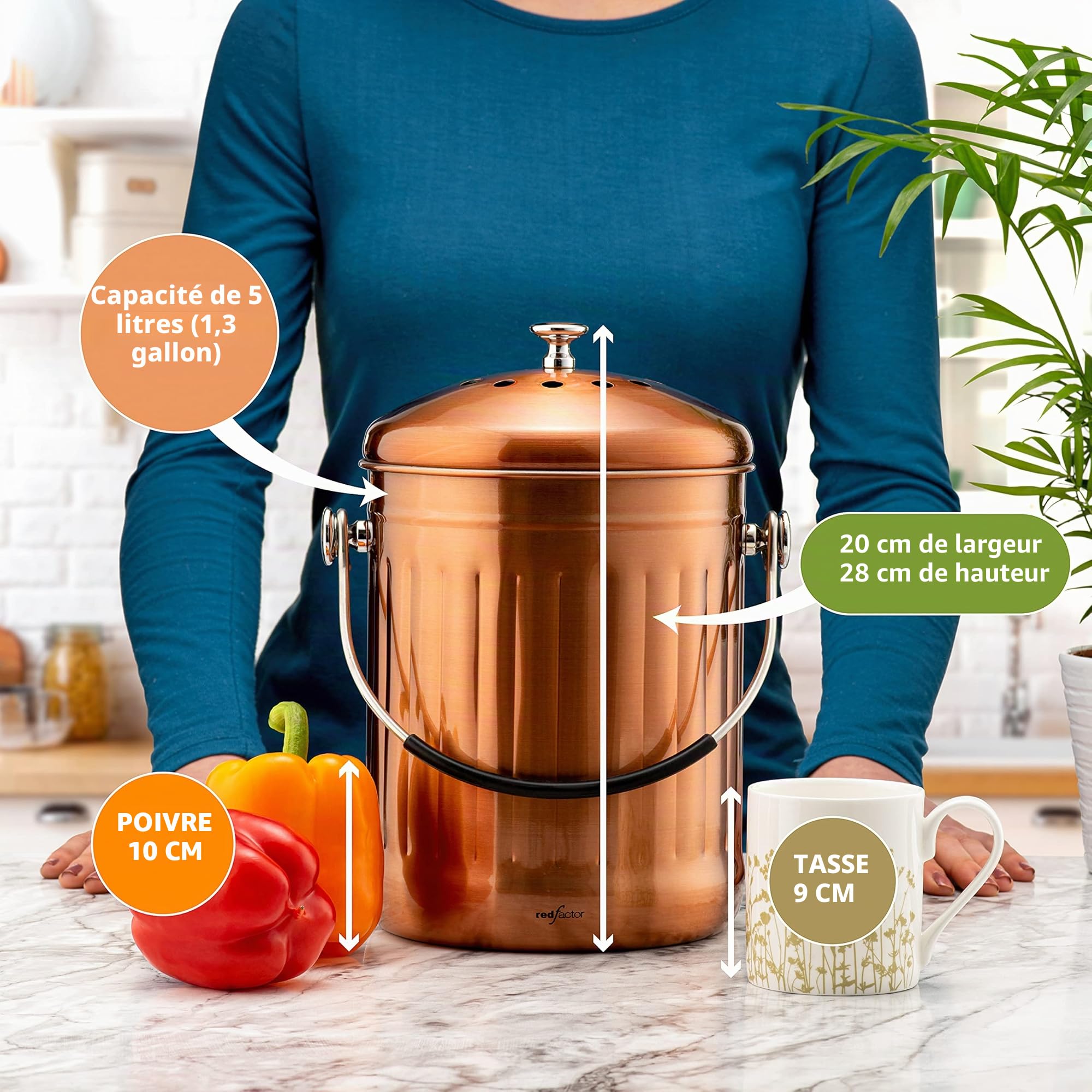 RED FACTOR Seau Compost Inodore Acier Inoxydable Cuisine 5 Litres Cuivre Mat avec Filtres Charbon