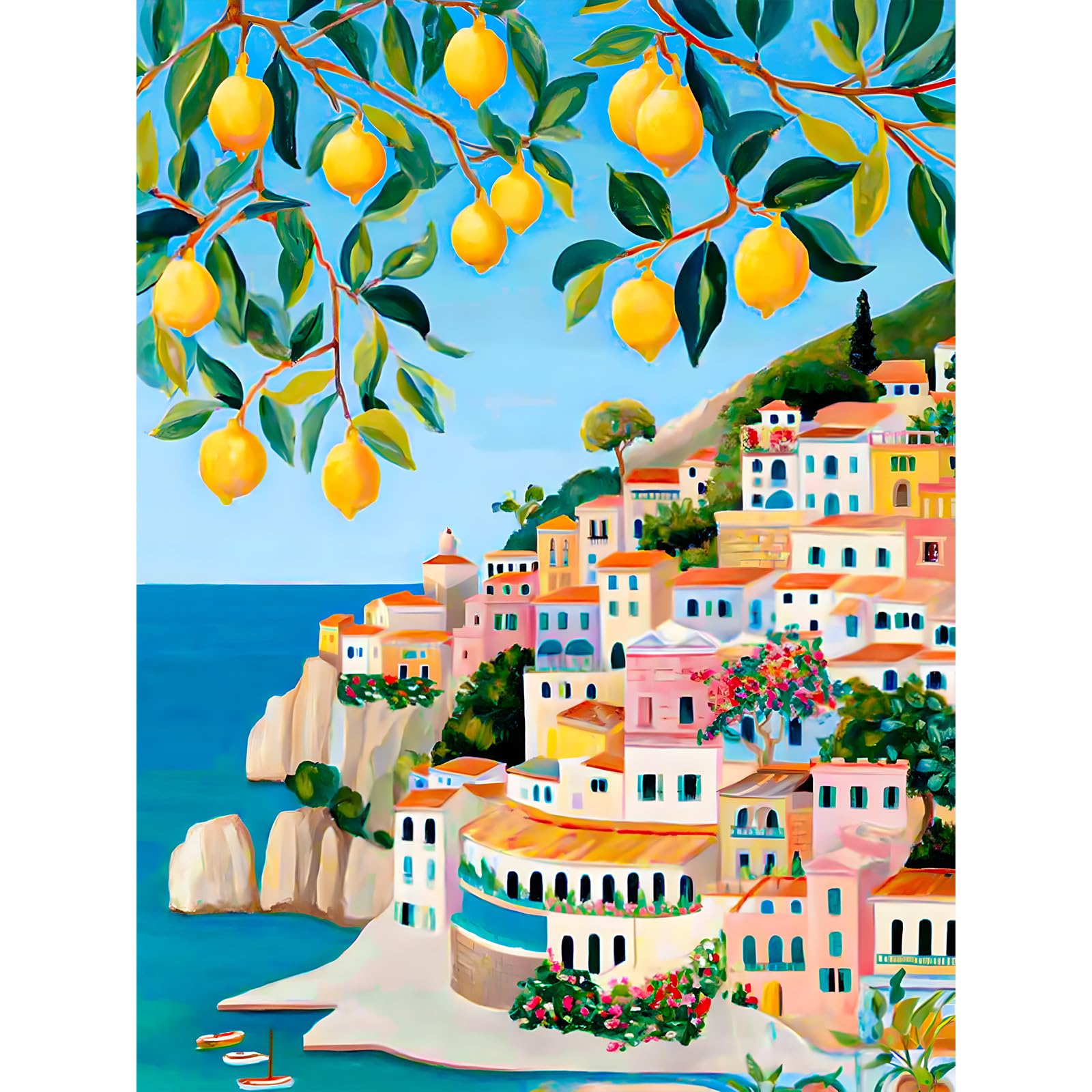 KEYIFA Lemons Paint by Numbers for Adults, Coastal Town Painting by Number Canvas Kits with Acrylic Paint Brushes, DIY Craft Oil Painting Art Kits for Adults, Home Wall Decor 30x40cm