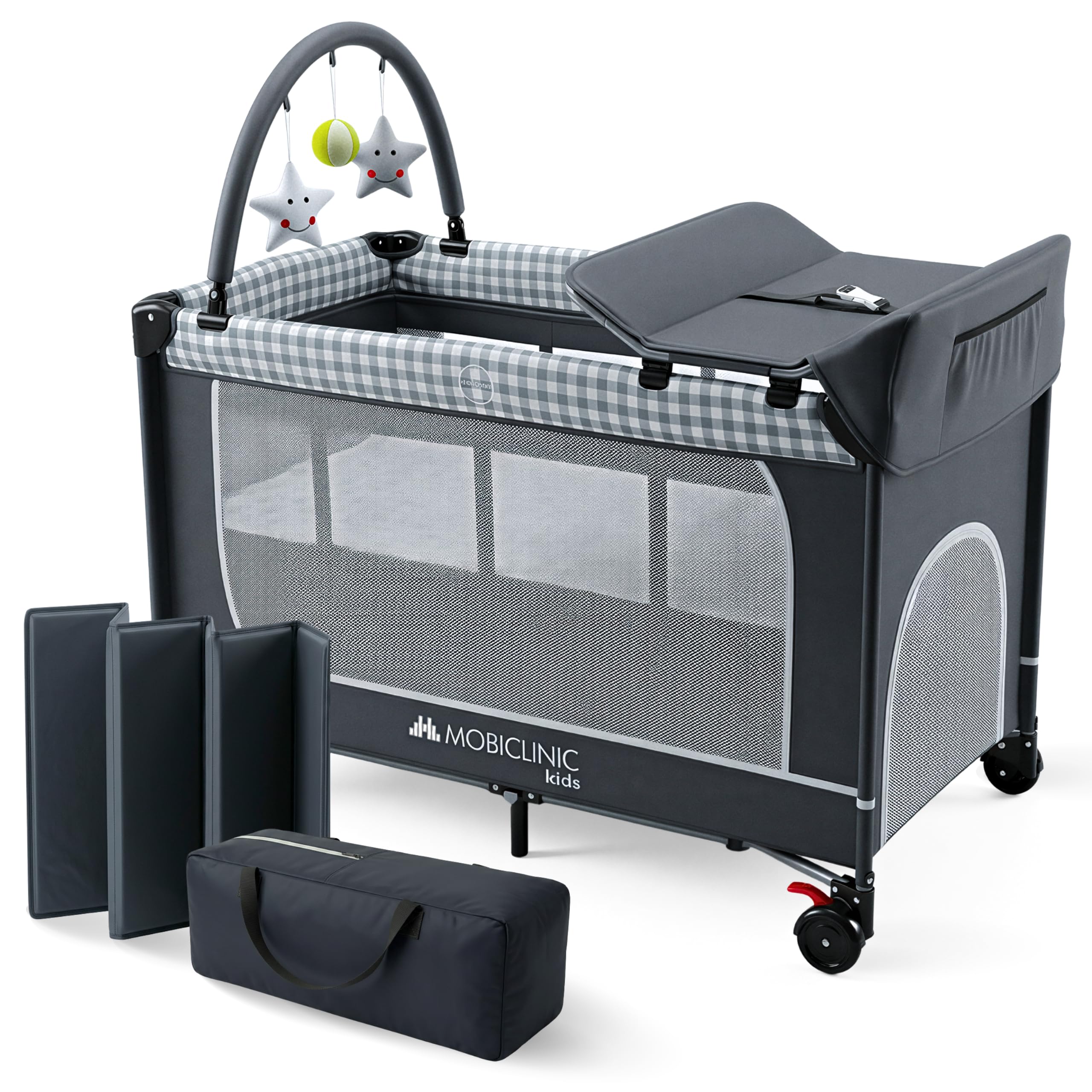 Mobiclinic®, Cuna de Viaje 3 en 1, Parque Infantil, Cambiador Bebe, Plegable, Entrada Lateral, Bolsa Transporte, MAX. 15 kg, Ruedas con Freno, Caelum, Tela Transpirable, Bolsillo almacenaje