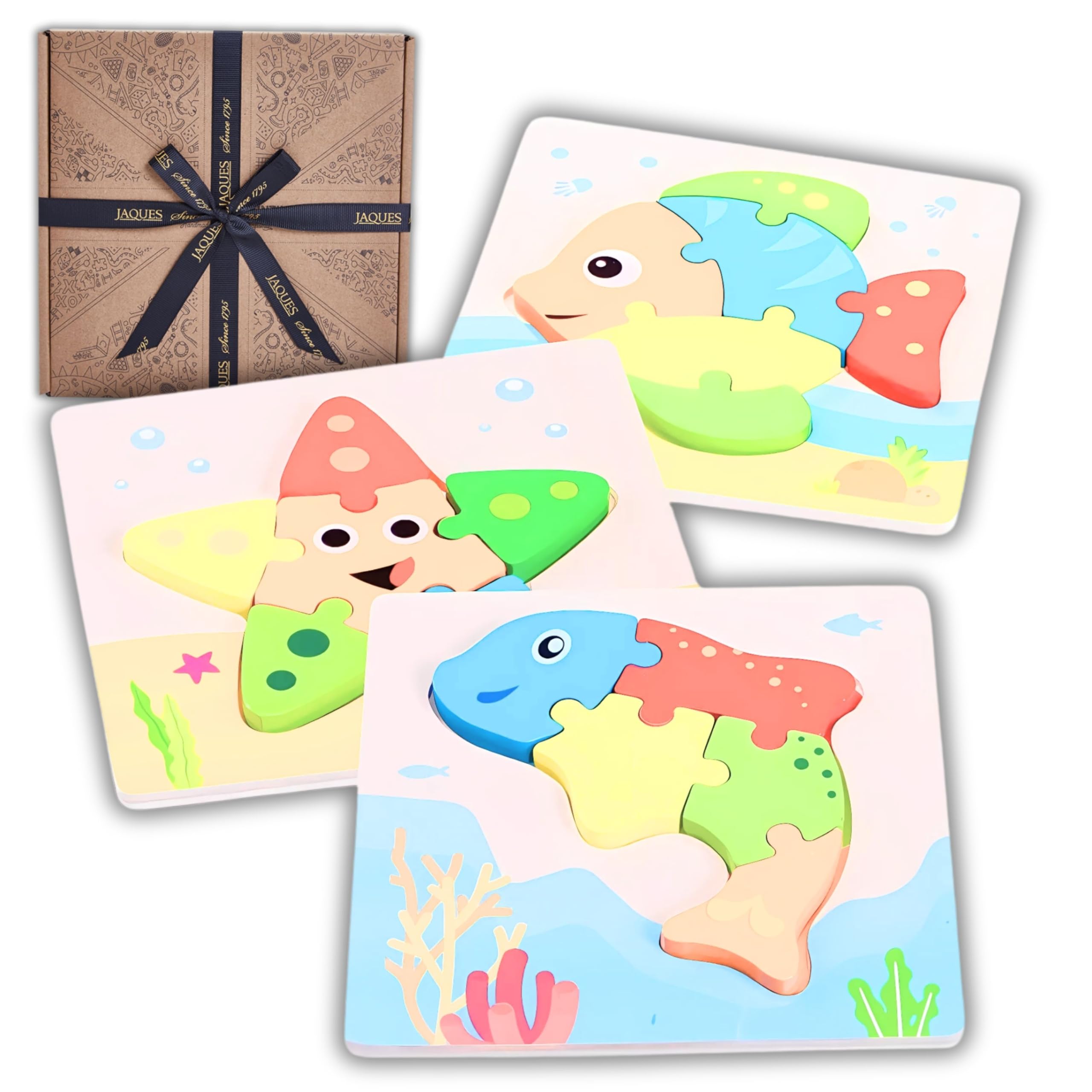 Jaques of London Sea Creature Wooden Puzzle for 1 Year Old + | Toddler Sea Animal Wooden Toys for 1 Year Olds | Starfish, Dolphin & Fish Montessori Jigsaw Puzzle | Since 1795