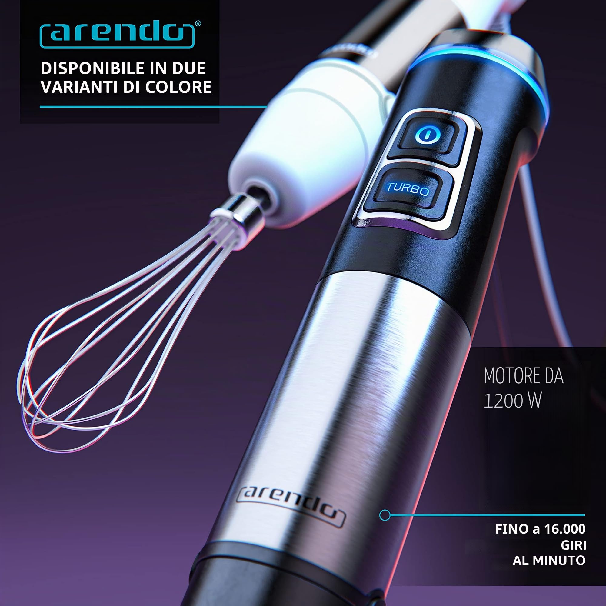 Arendo - Frullatore a immersione in acciaio inox da 1200 Watt - Frullatore ad immersione - Velocità continua - Coltello a 4 ante - Misurino da 800 ml - frusta
