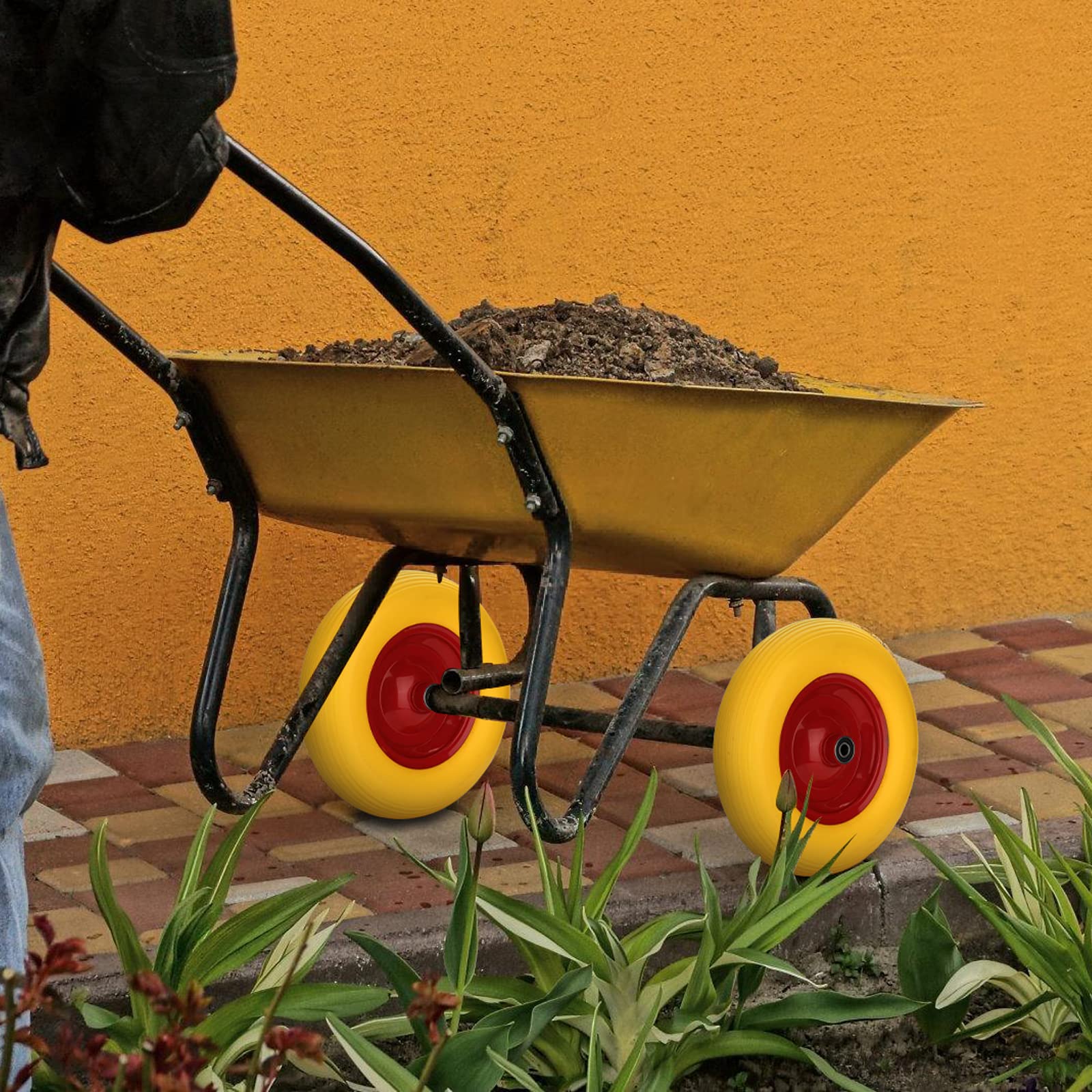 2x Schubkarrenrad Vollgummi mit Achse 4.80 4.00-8 Ø 390mm Gummirad, pannensicher, Stahlfelge PU Reifen gelb, für Gartenkarren