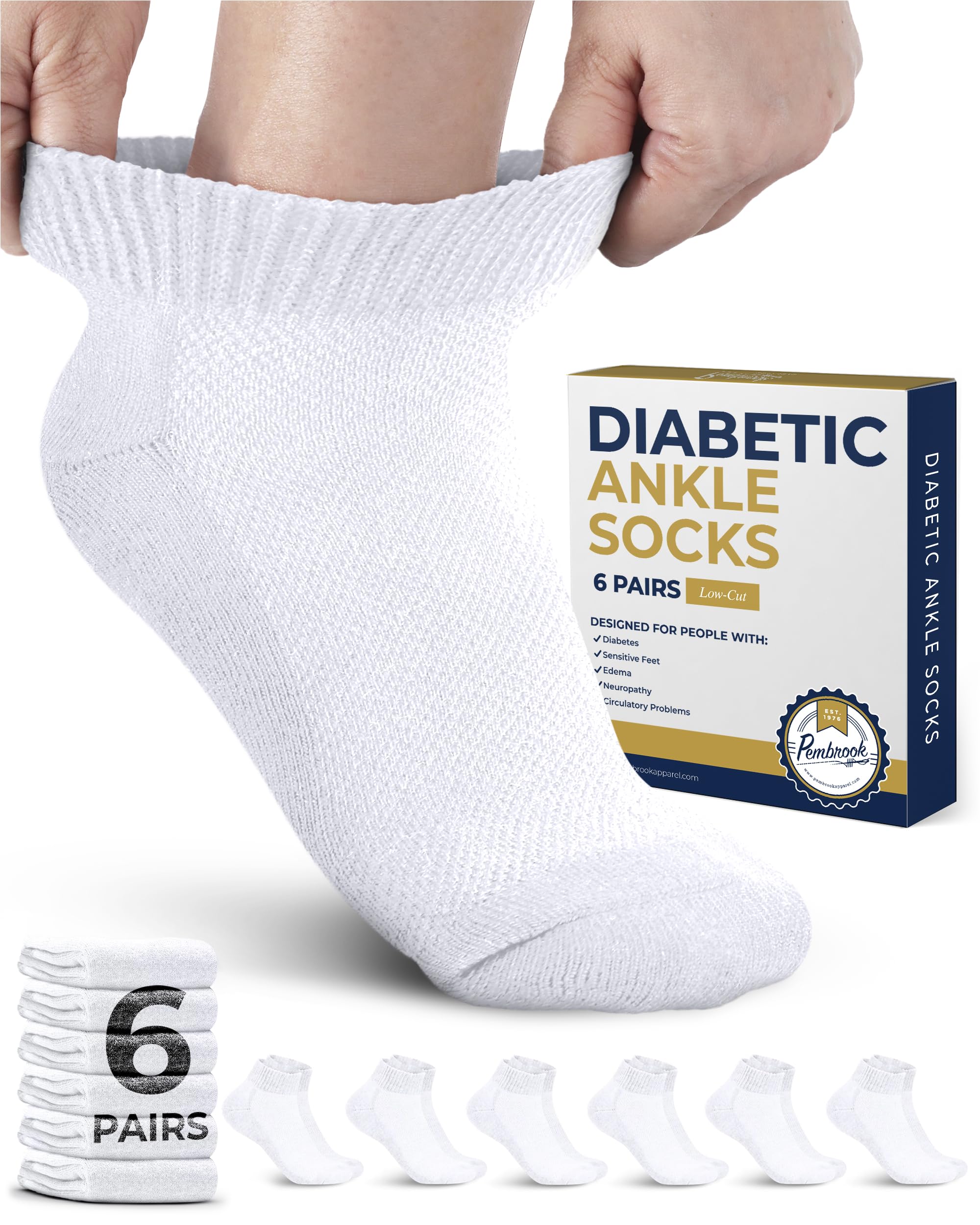Pembrook Ankle Diabetic Socks for Women and Men - 6 Pairs | Low Cut Neuropathy Socks for Women | Smooth Toe SeamsOEKO-TEX STANDARD 100