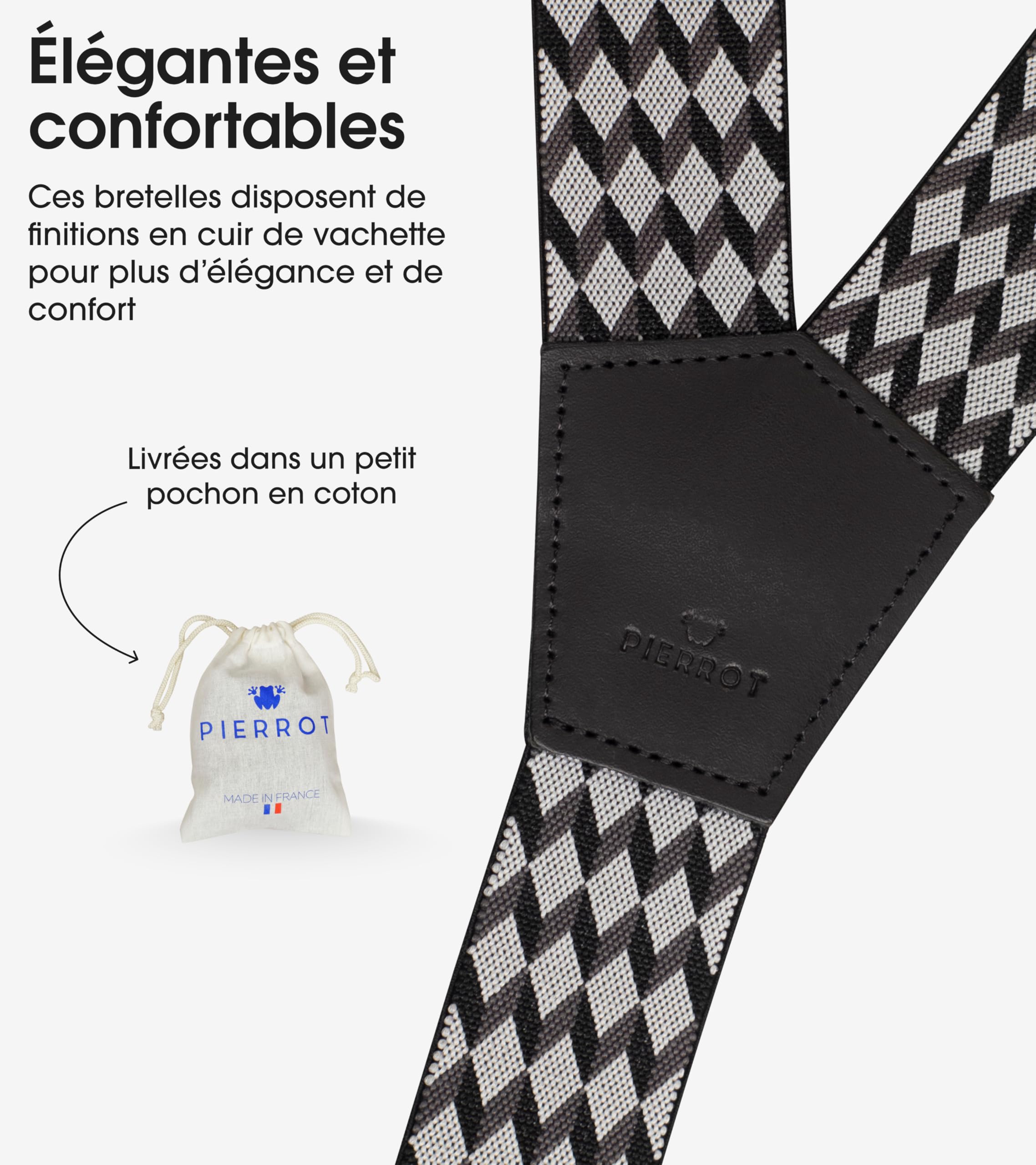 PIERROT Bretelles à Mousquetons Homme Larges Premium Made in France - Taille Unique Ajustable Elastique Confortable Renforcé et Finitions en Cuir - Mousqueton Ultra Résistant