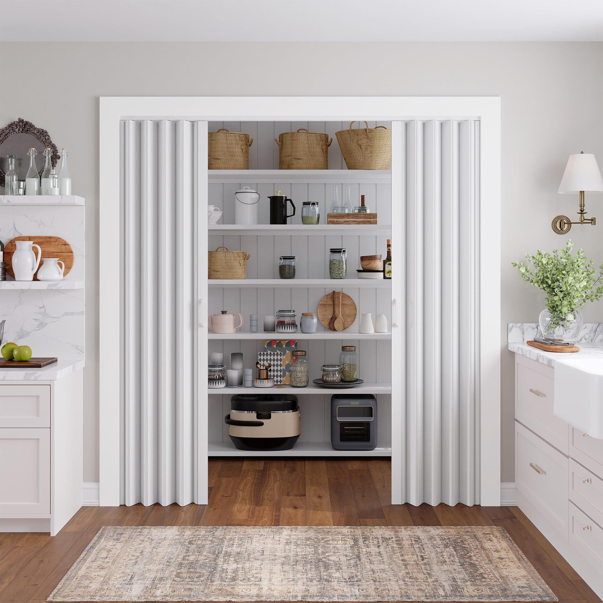 smartstandard 72" x 80" double accordion doors interior, double walled accordion folding doors for closet, pvc accordian door for doorway bathroom basement, easy to assemble, space saving, white