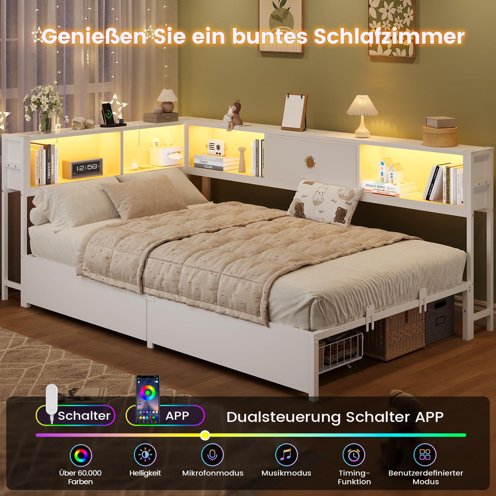 DICTAC Jugendbett 90x200 mit LED-Beleuchtung und Ladestation, Schlafsofa 90 x 200 mit stauraum-5 Staufächern und 2 Schubladen, Tagesbett Einzelbett 90x200 mit Lattenrost aus Metall, weiß LED Daybed