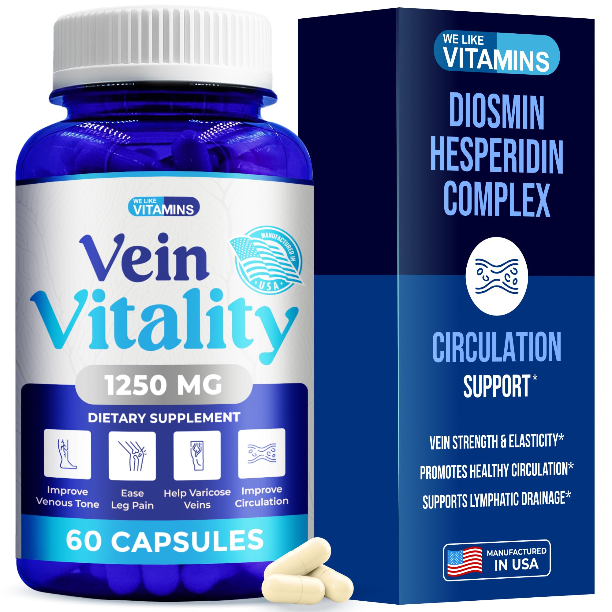 We Like Vitamins Vein Vitality 1250mg Diosmin Hesperidin Complex for Varicose Veins Treatment, Horse Chestnut, Butchers Broom, Bioflavonoids - Supports Blood Circulation for Leg Veins- 60 Capsules